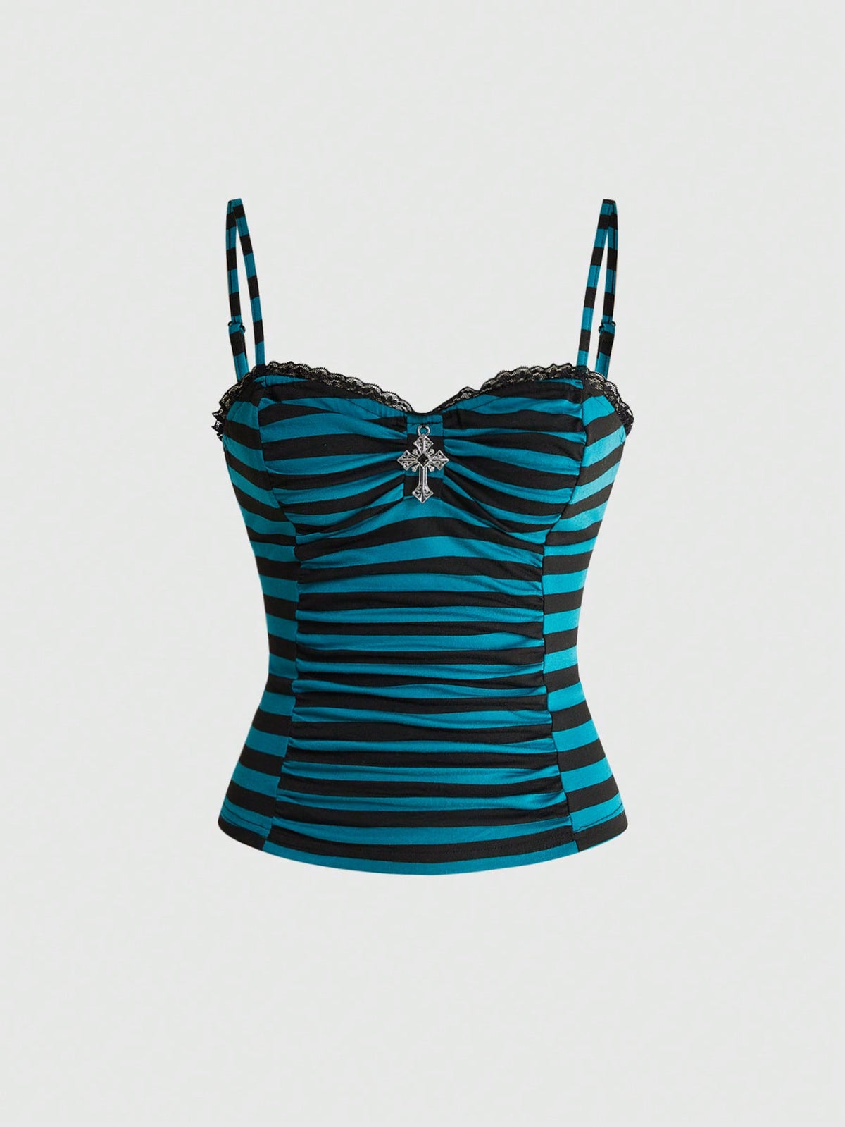 Black gothic spaghetti strap tank top for women featuring contrast lace patchwork, ruched frill details, and a cross pendant accent in a slim fit knitted fabric.