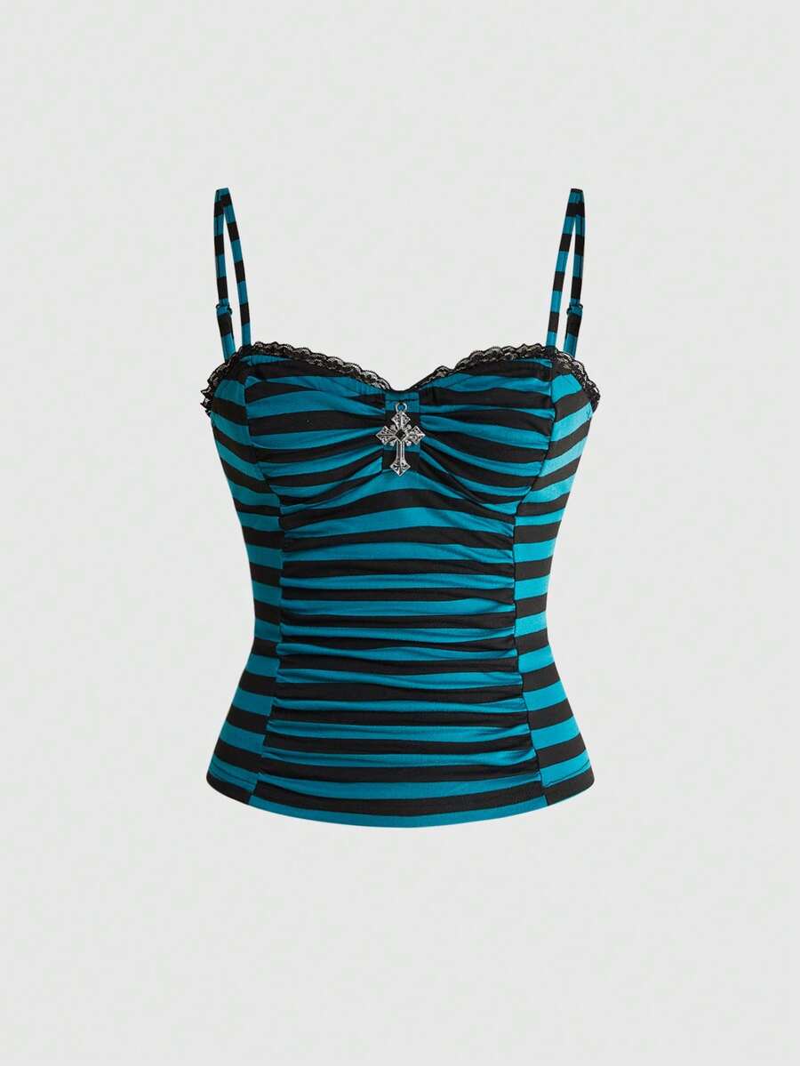Black gothic spaghetti strap tank top for women featuring contrast lace patchwork, ruched frill details, and a cross pendant accent in a slim fit knitted fabric.