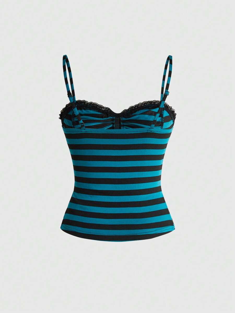 Black gothic spaghetti strap tank top for women featuring contrast lace patchwork, ruched frill details, and a cross pendant accent in a slim fit knitted fabric.