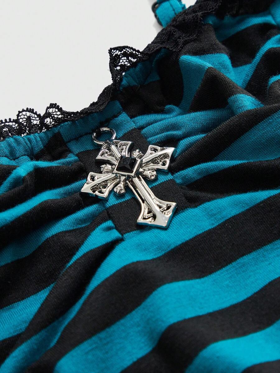 Black gothic spaghetti strap tank top for women featuring contrast lace patchwork, ruched frill details, and a cross pendant accent in a slim fit knitted fabric.