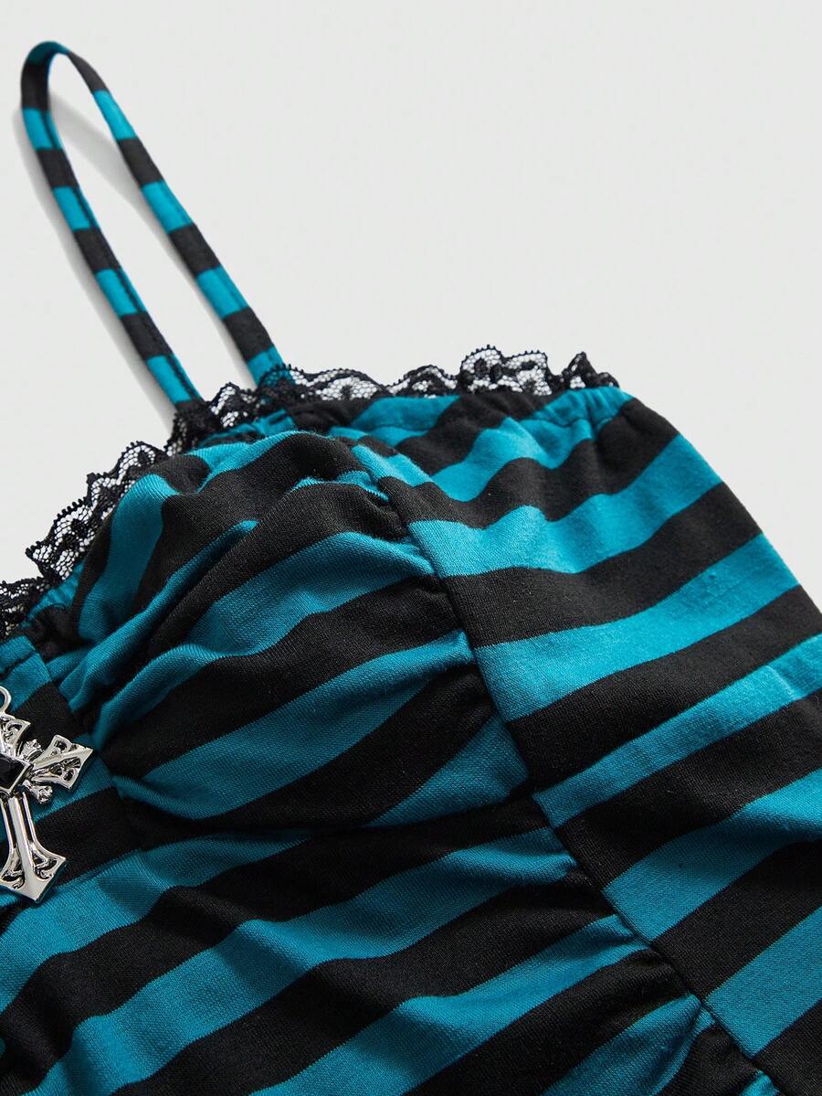 Black gothic spaghetti strap tank top for women featuring contrast lace patchwork, ruched frill details, and a cross pendant accent in a slim fit knitted fabric.