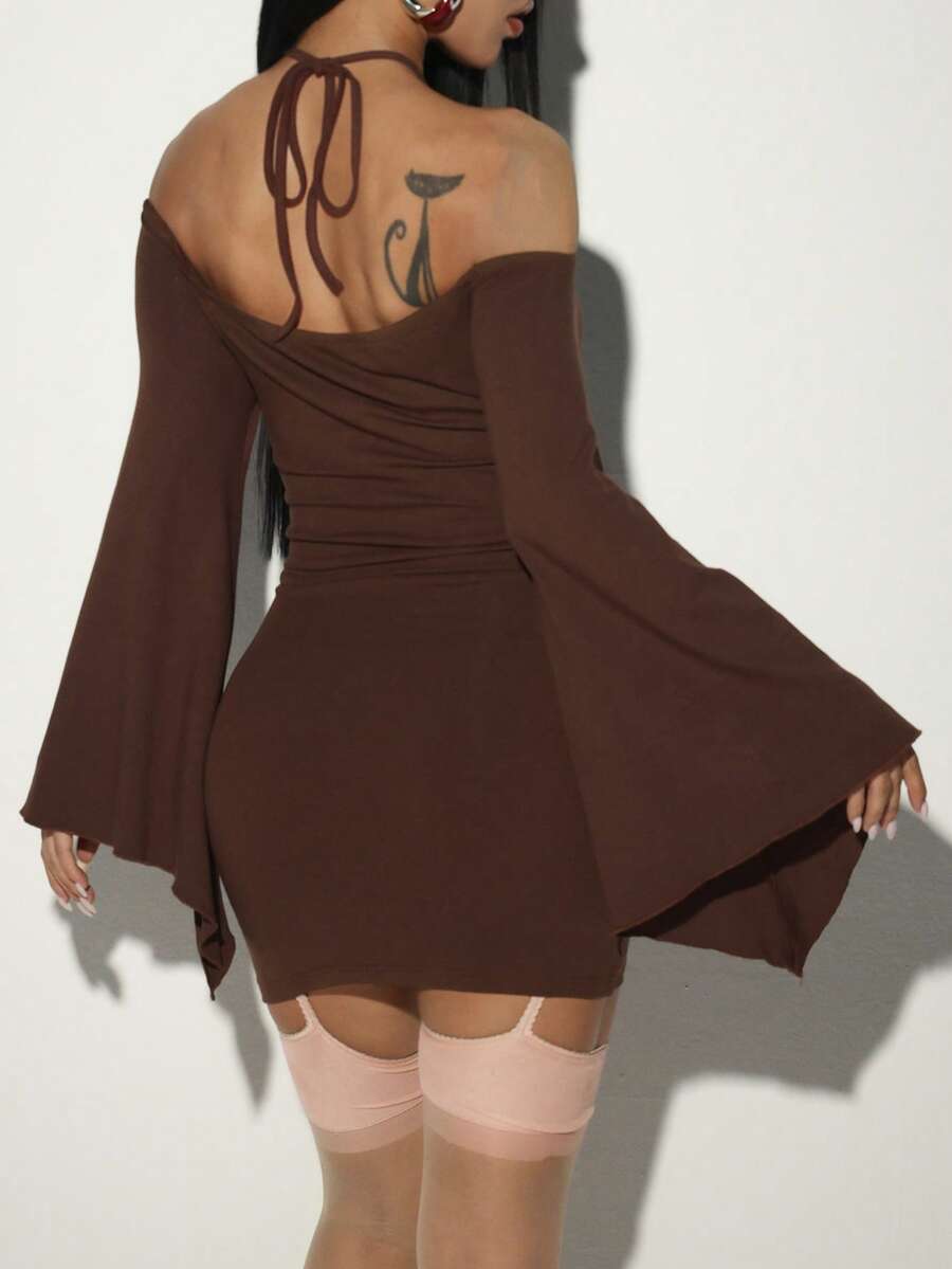 Brown beaded waist-cinching off-shoulder halter mini dress with backless knot detail, slim bodycon fit, wrist-length asymmetrical sleeve, and pencil hem.