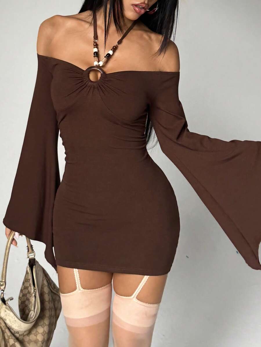 Brown beaded waist-cinching off-shoulder halter mini dress with backless knot detail, slim bodycon fit, wrist-length asymmetrical sleeve, and pencil hem.