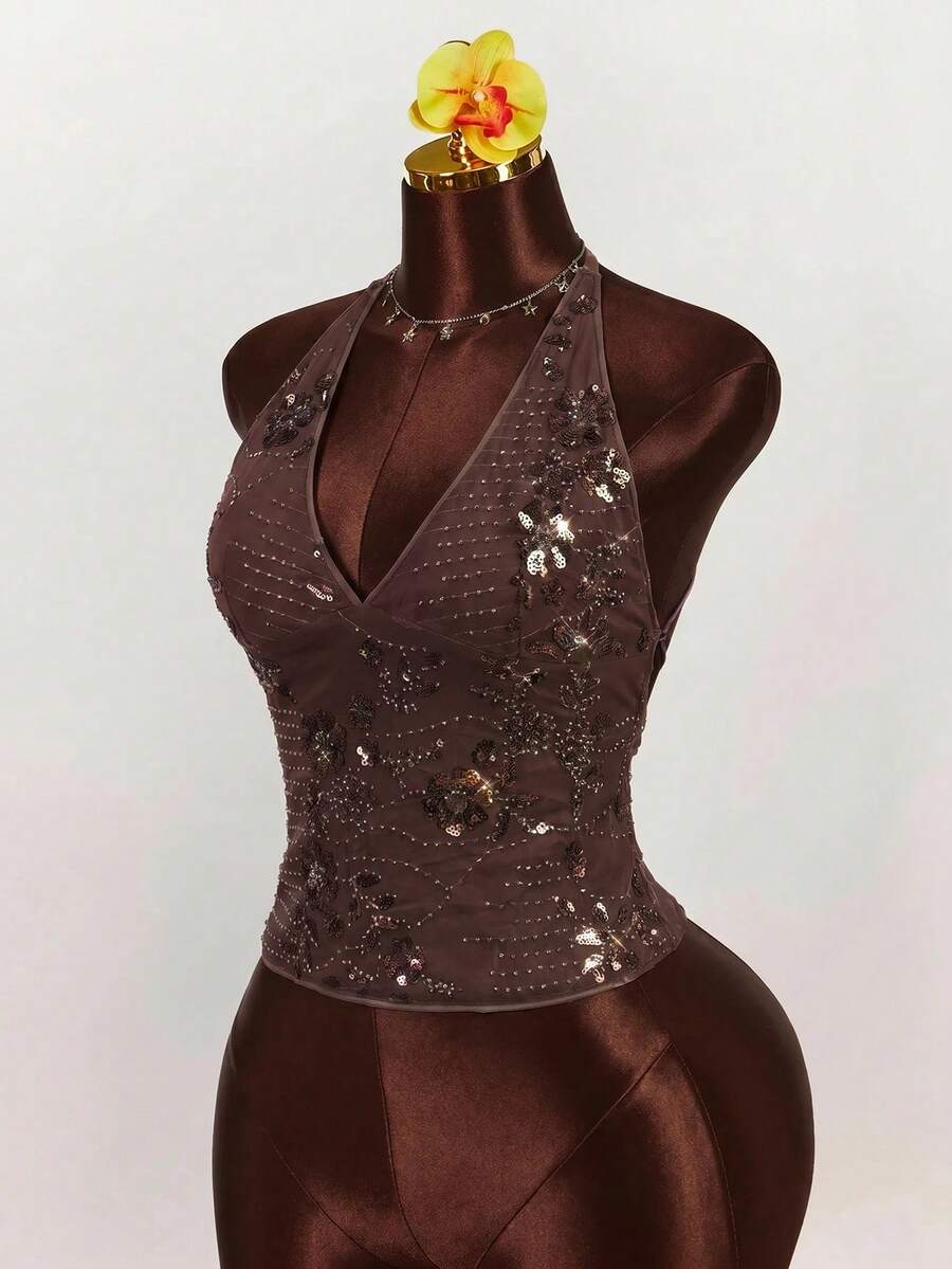 Women's embroidered sequin halter cami top featuring a deep V-neck, backless party design, and slim fit silhouette.