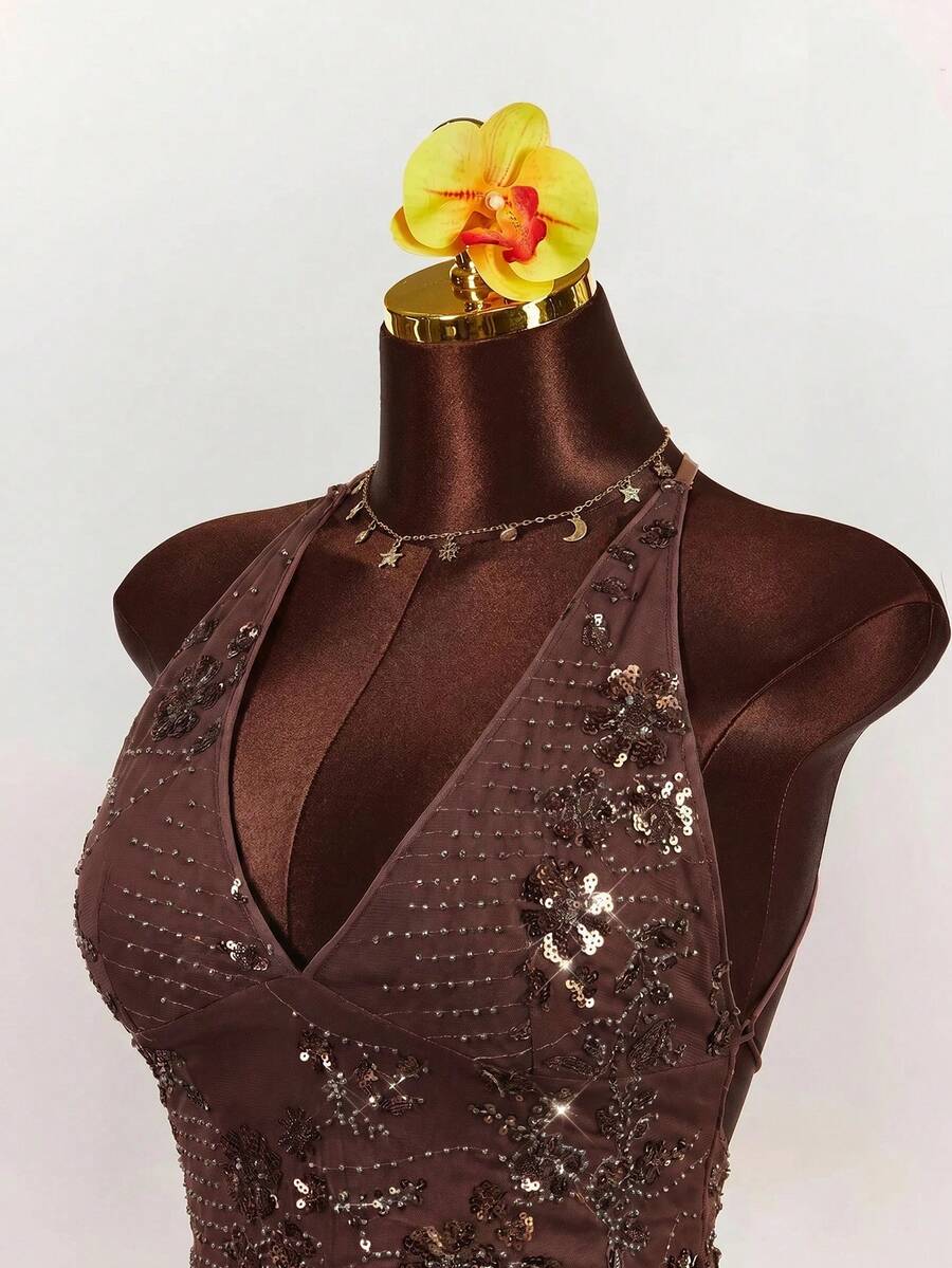 Women's embroidered sequin halter cami top featuring a deep V-neck, backless party design, and slim fit silhouette.