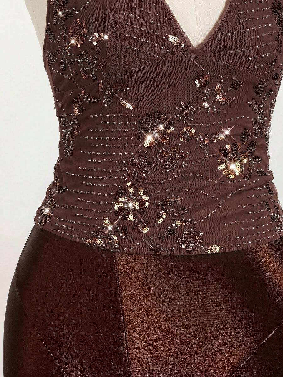 Women's embroidered sequin halter cami top featuring a deep V-neck, backless party design, and slim fit silhouette.