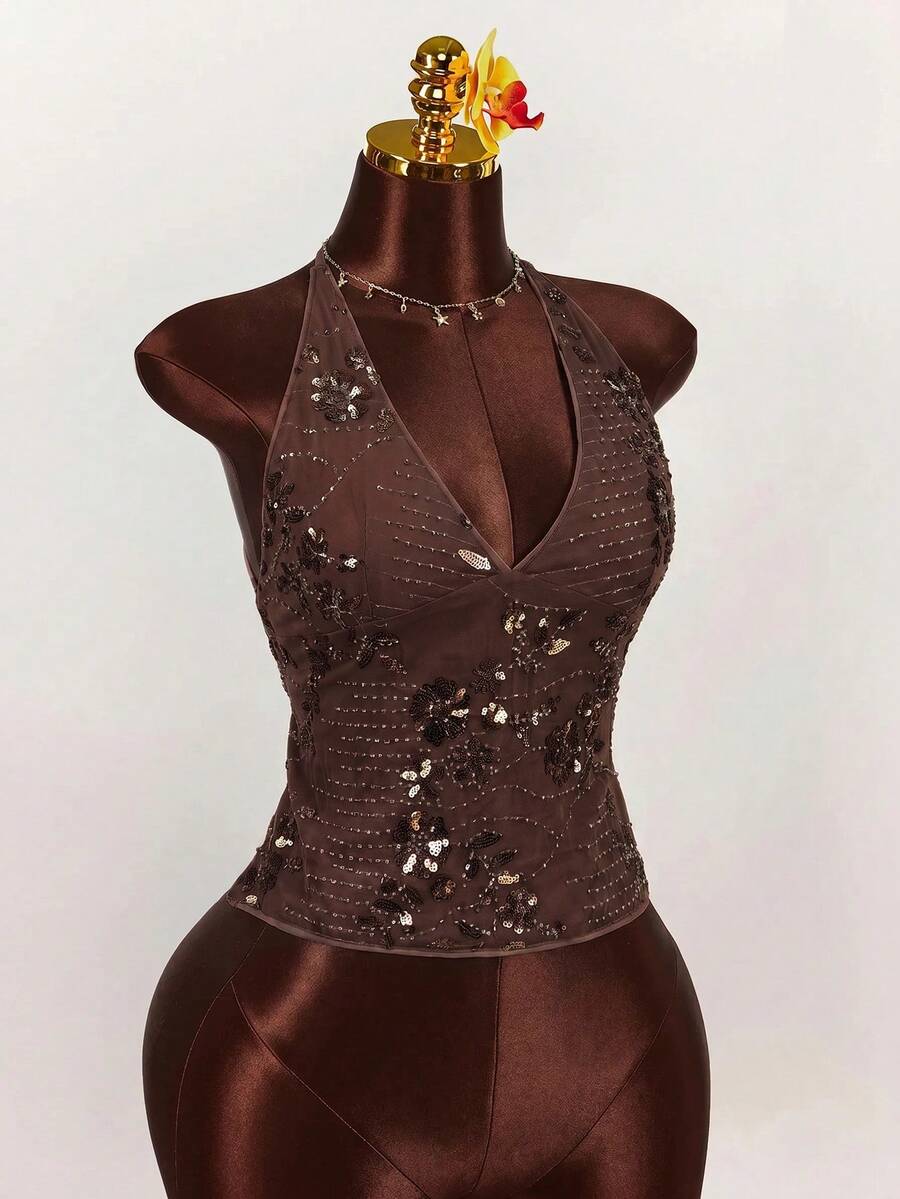 Women's embroidered sequin halter cami top featuring a deep V-neck, backless party design, and slim fit silhouette.