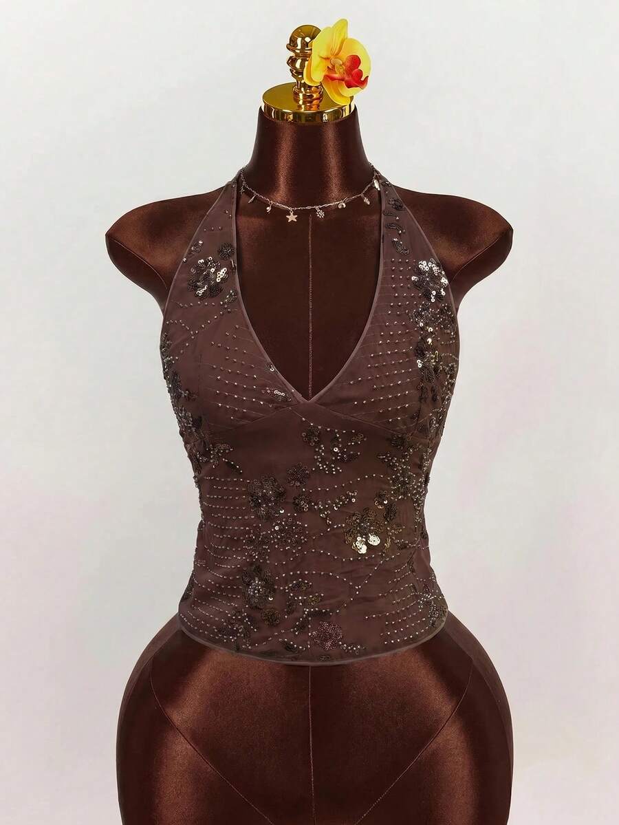 Women's embroidered sequin halter cami top featuring a deep V-neck, backless party design, and slim fit silhouette.