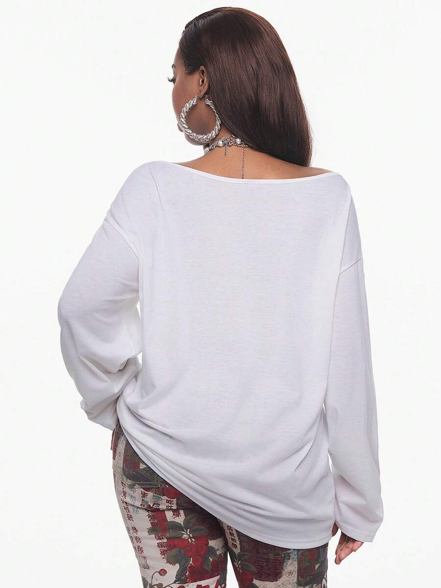 Women's brown striped boat neck long sleeve raglan T-shirt with a loose casual fit
