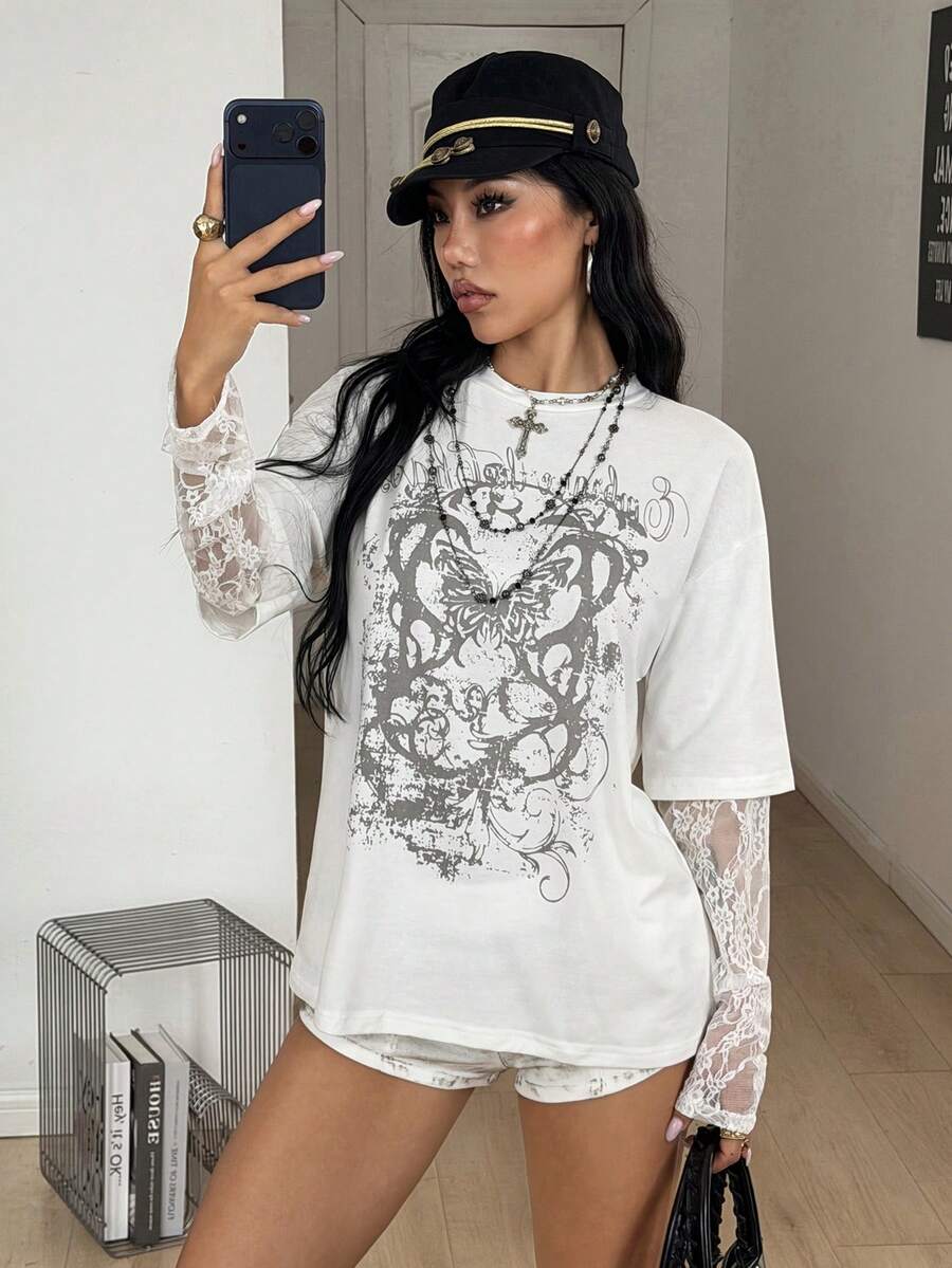 Women's casual graphic long sleeve t-shirt with a round neck, drop shoulder sleeves, and loose relaxed fit.