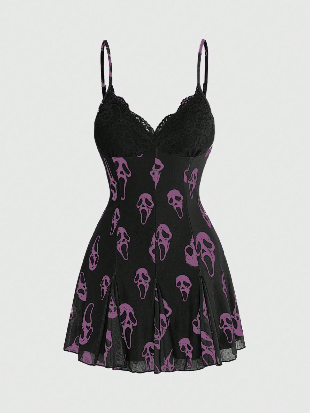 Women's Halloween boho gothic cami mini dress with spaghetti straps, contrast lace, pleated details, split design, high waist, and flared hem.