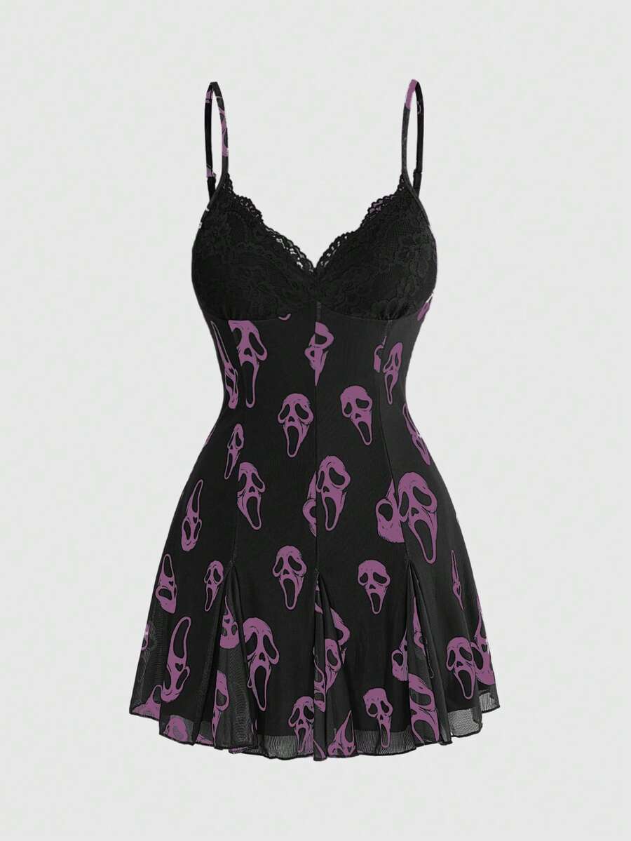 Women's Halloween boho gothic cami mini dress with spaghetti straps, contrast lace, pleated details, split design, high waist, and flared hem.