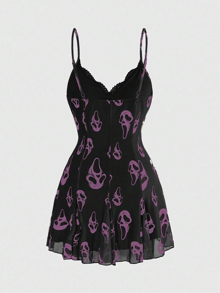 Women's Halloween boho gothic cami mini dress with spaghetti straps, contrast lace, pleated details, split design, high waist, and flared hem.