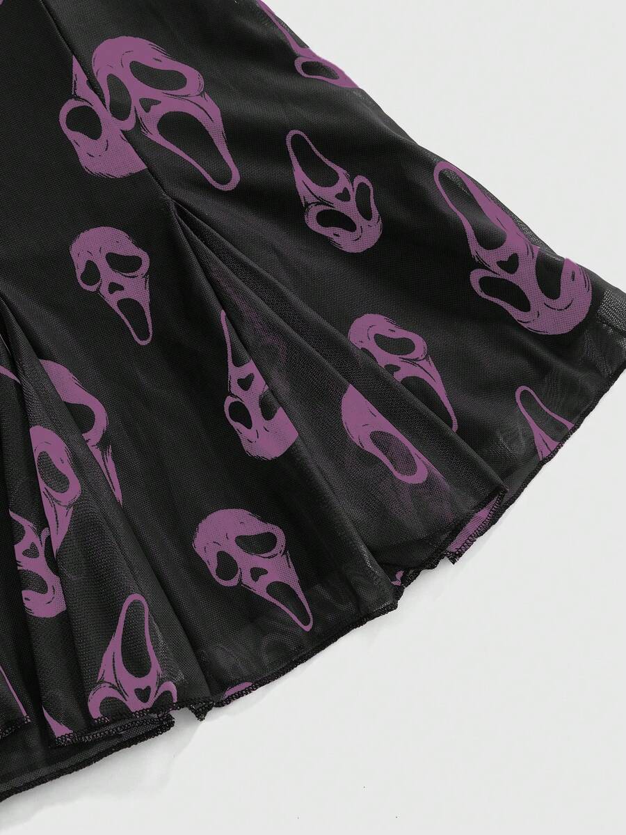Women's Halloween boho gothic cami mini dress with spaghetti straps, contrast lace, pleated details, split design, high waist, and flared hem.