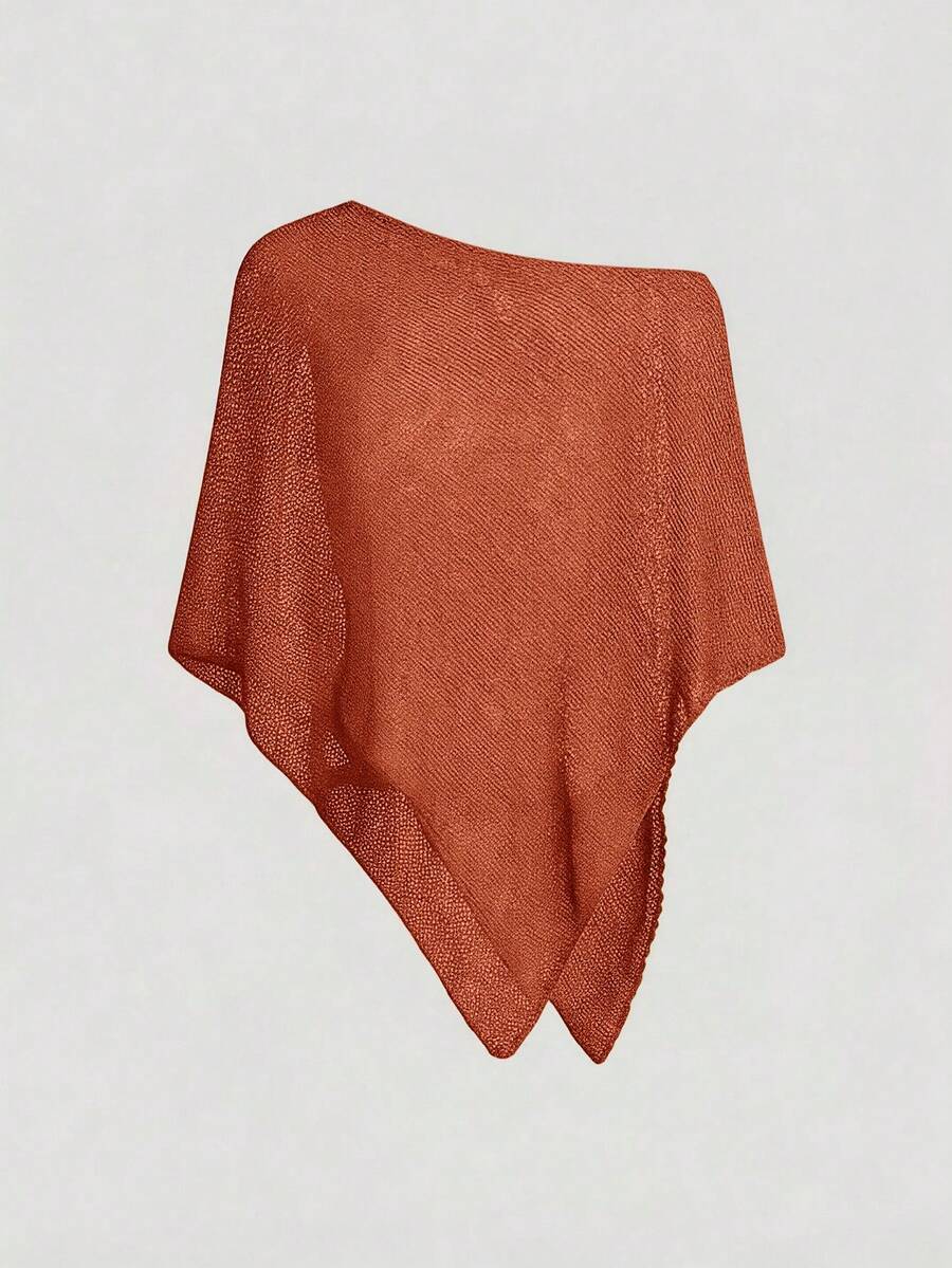 Women's casual hollow knit poncho top with boat neck, cloak sleeves, and asymmetrical hem