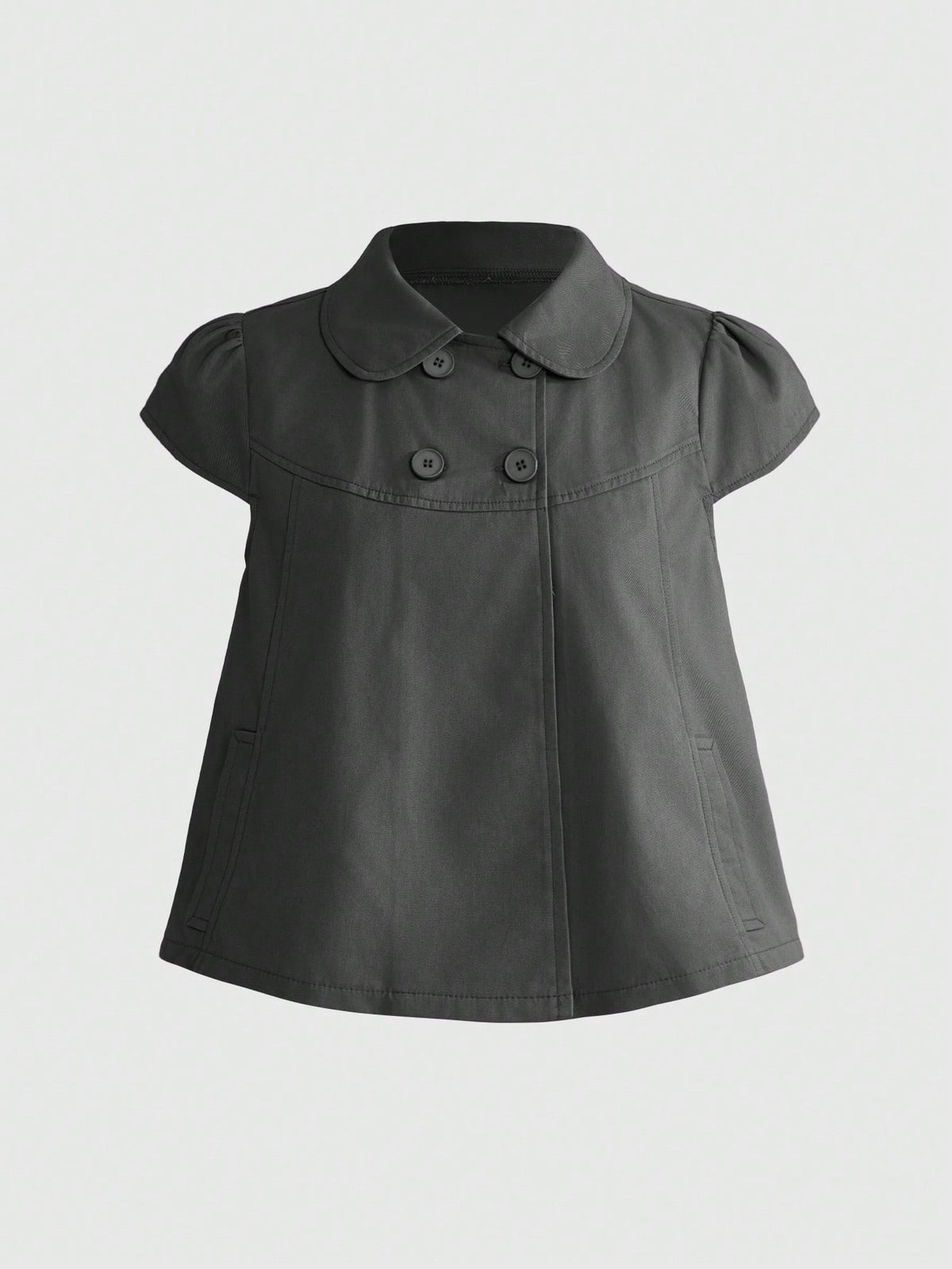 Women's short puff sleeve cotton blouse featuring a Peter Pan collar, double button detail, and front pocket.