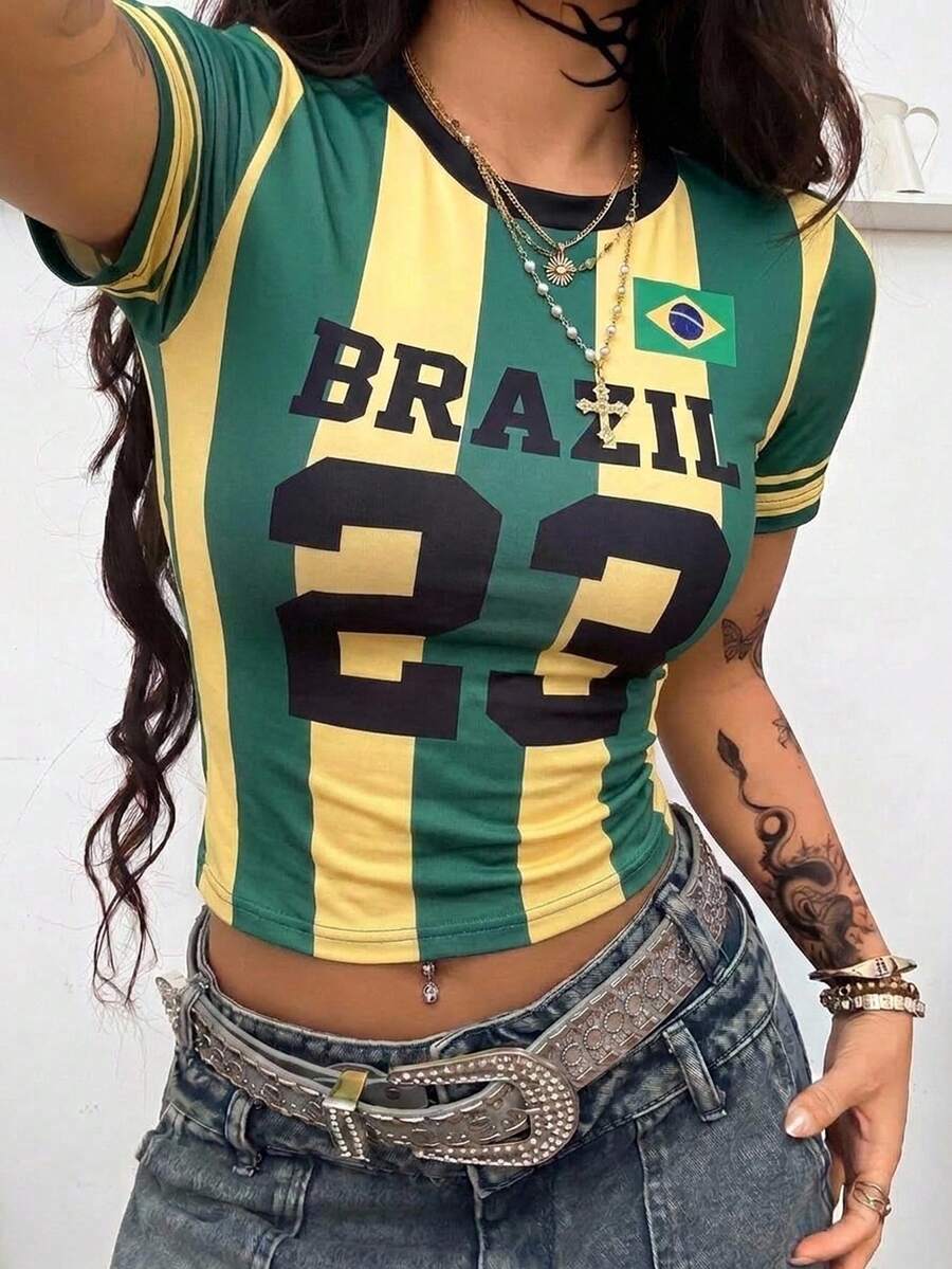 Women's slim fit short sleeve graphic jersey style top with contrast binding and round neckline