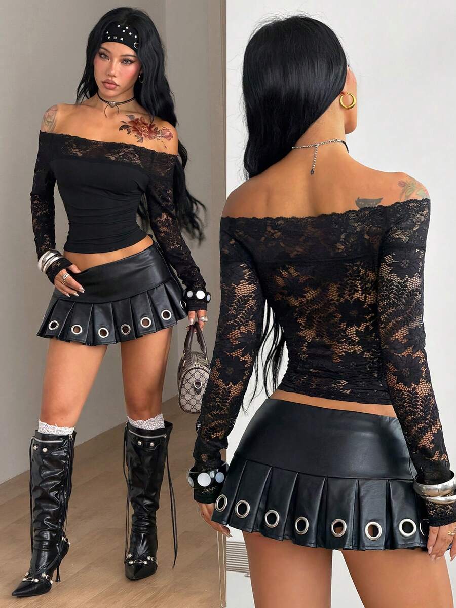 Women's slim fit off the shoulder long sleeve knitted top featuring contrast lace trim and ruched accents.