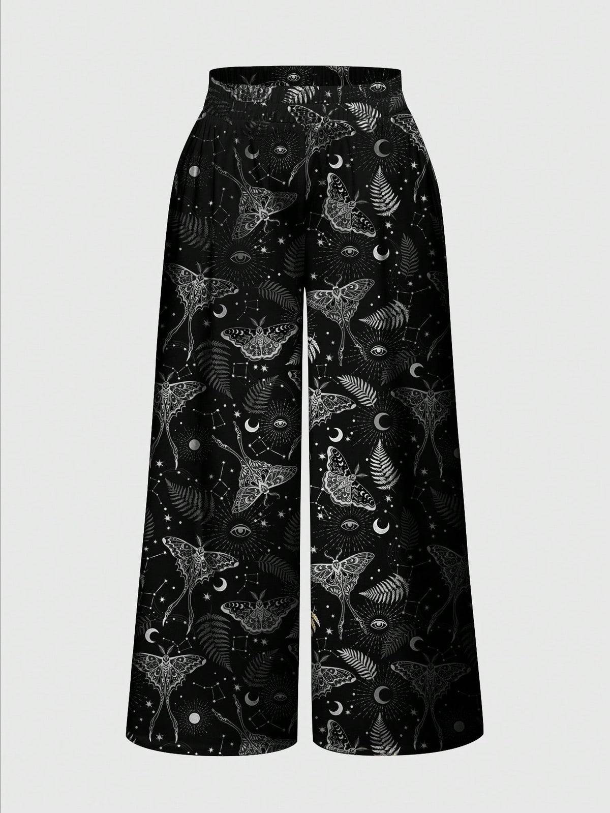 Women's plus size black gothic wide leg pants with split thigh detail and celestial moth, sun, and star pattern.