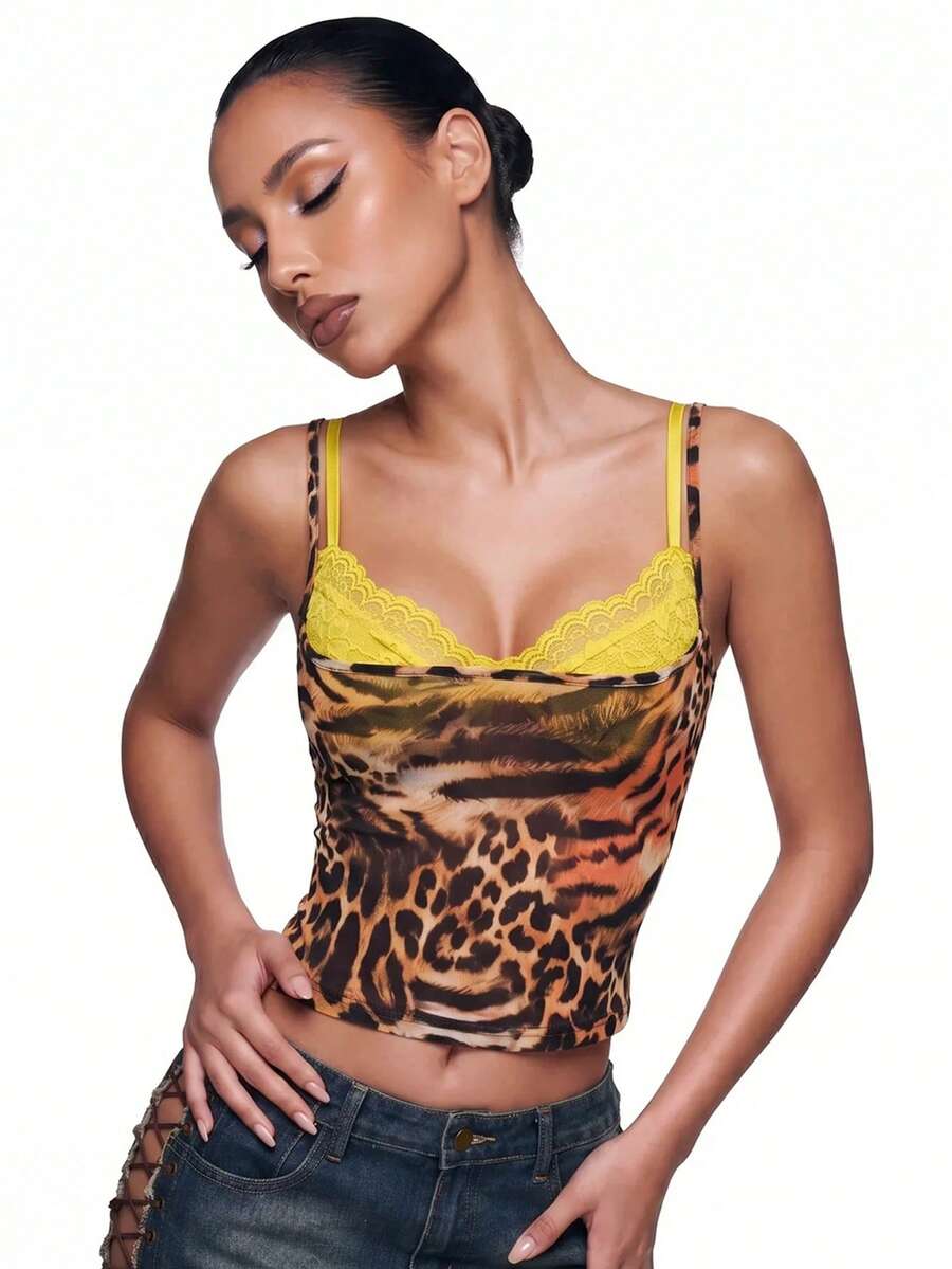 Women's grey leopard print spaghetti strap cami with black contrast lace trim and slim fit design