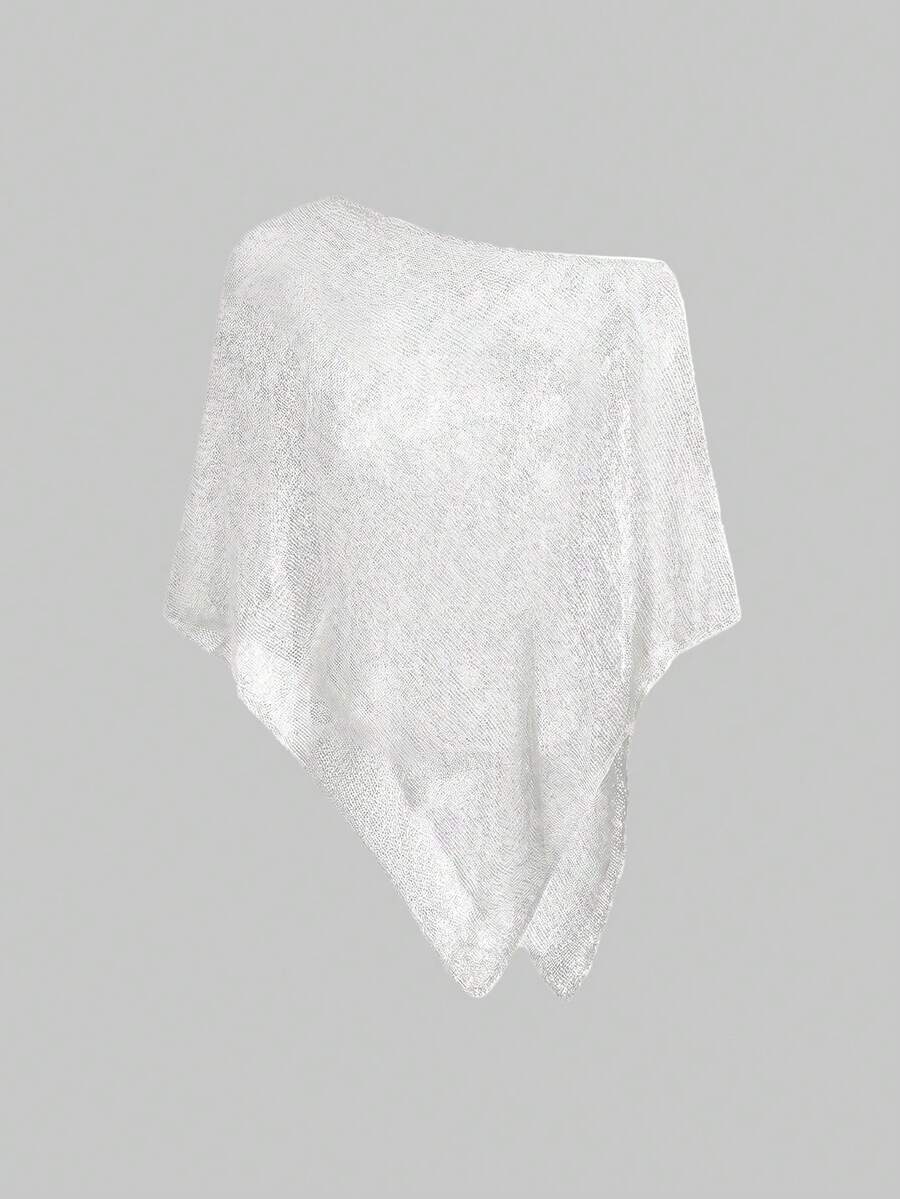 Women's casual hollow knit poncho top with boat neck, cloak sleeves, and asymmetrical hem