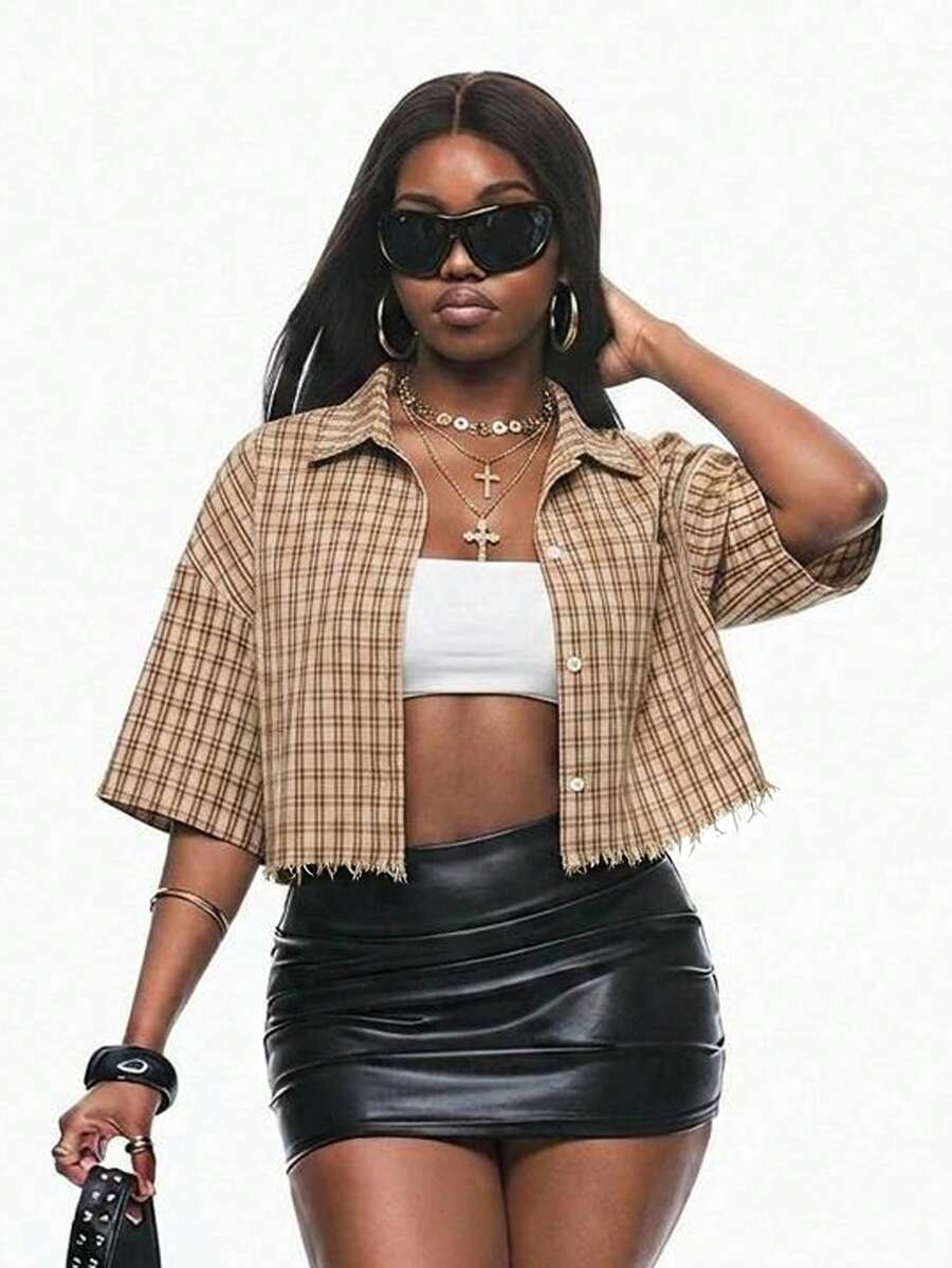 Women's plaid crop shirt with button front, chest pocket, short sleeves, and loose casual fit.