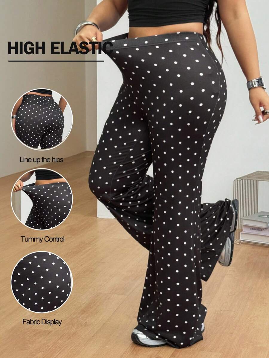 Women's plus size black flare leg pants with high elastic waist in stretchy knit fabric