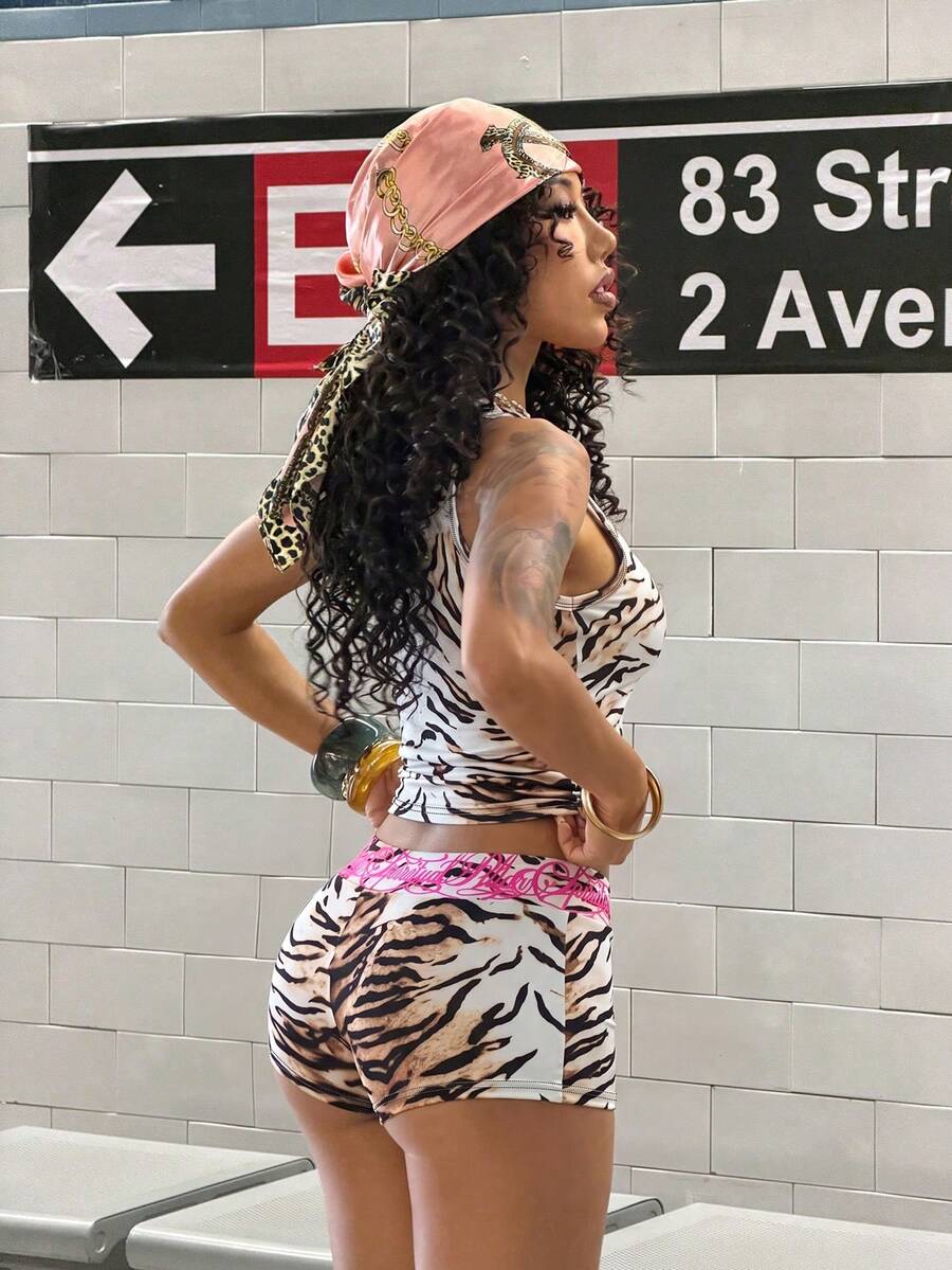 Women's Halloween print two-piece outfit with scoop neck camisole top and matching short biker track shorts in a slim fit