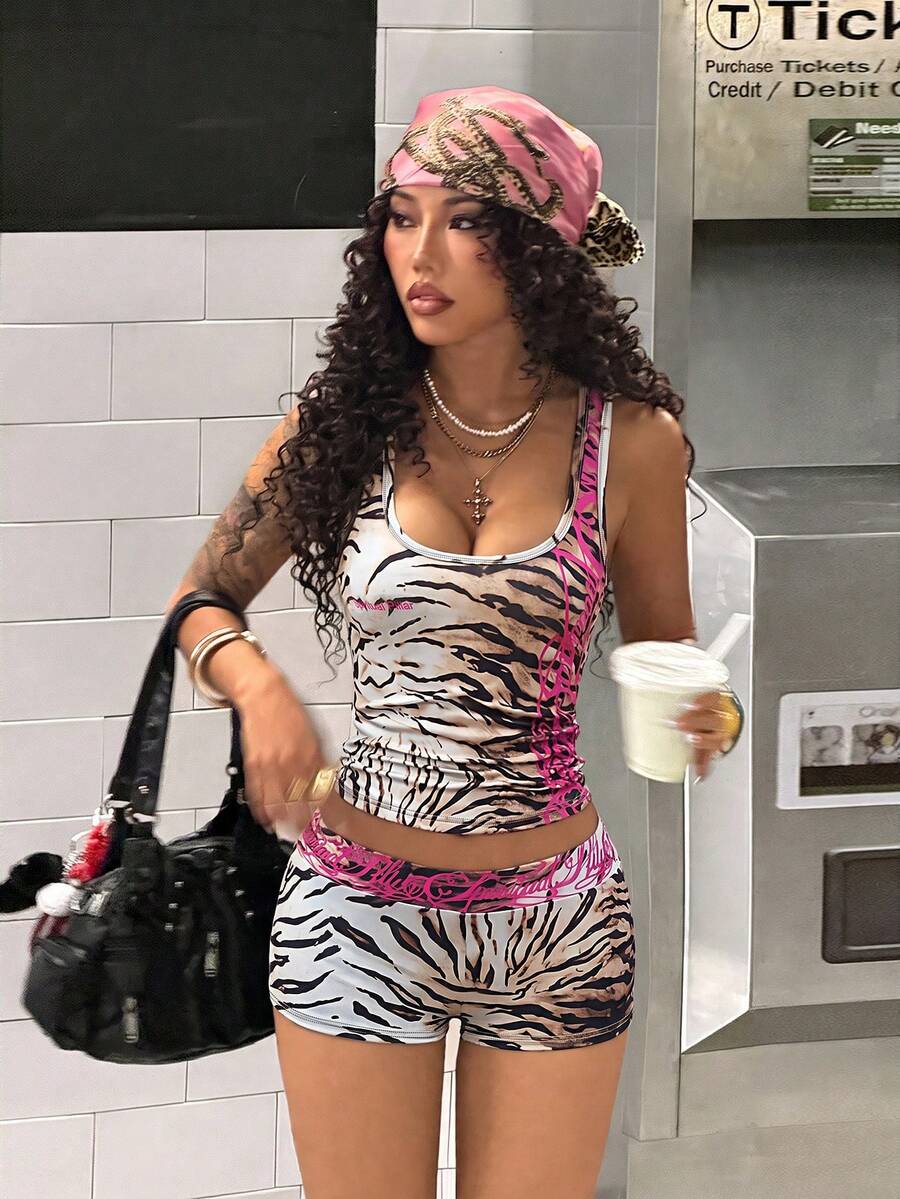 Women's Halloween print two-piece outfit with scoop neck camisole top and matching short biker track shorts in a slim fit