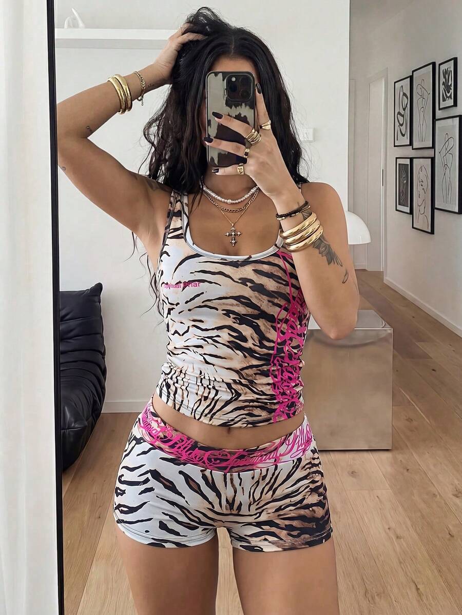 Women's Halloween print two-piece outfit with scoop neck camisole top and matching short biker track shorts in a slim fit