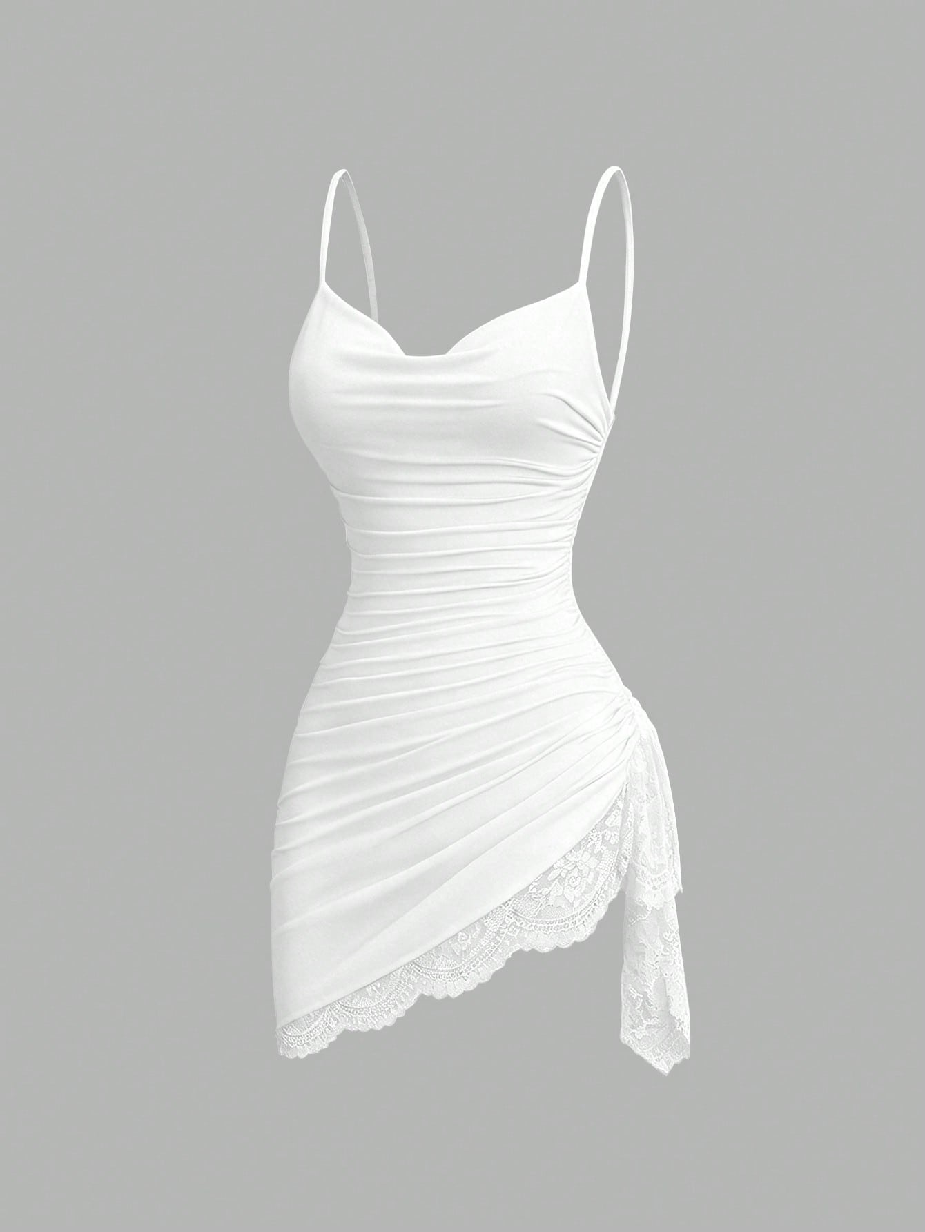 Women's short cami dress with cowl neck, spaghetti straps, contrast lace patchwork, pleated detail, and asymmetrical hem
