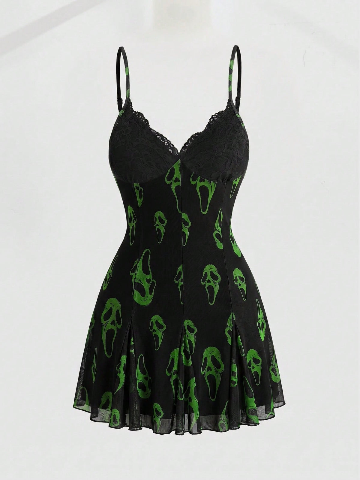 Women's Halloween boho gothic cami mini dress with spaghetti straps, contrast lace, pleated details, split design, high waist, and flared hem.