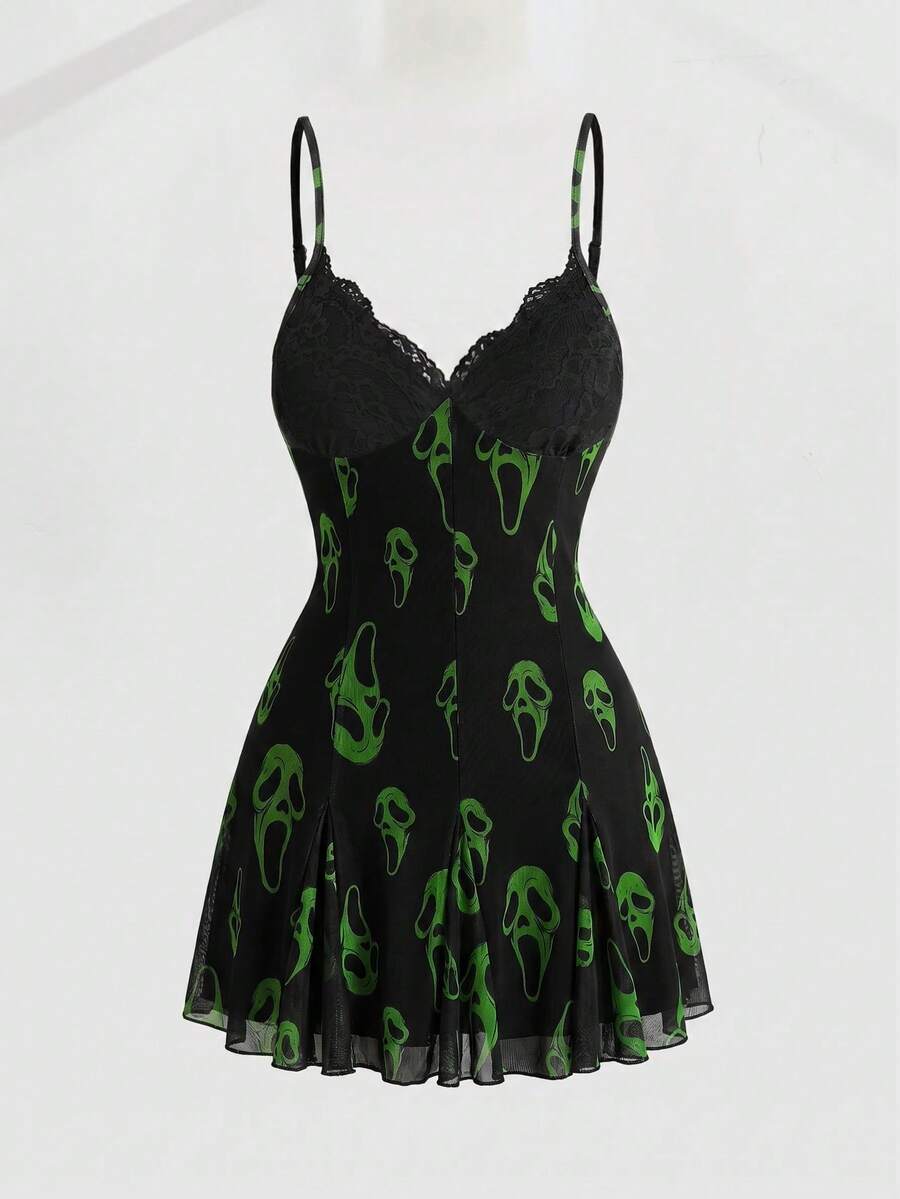 Women's Halloween boho gothic cami mini dress with spaghetti straps, contrast lace, pleated details, split design, high waist, and flared hem.