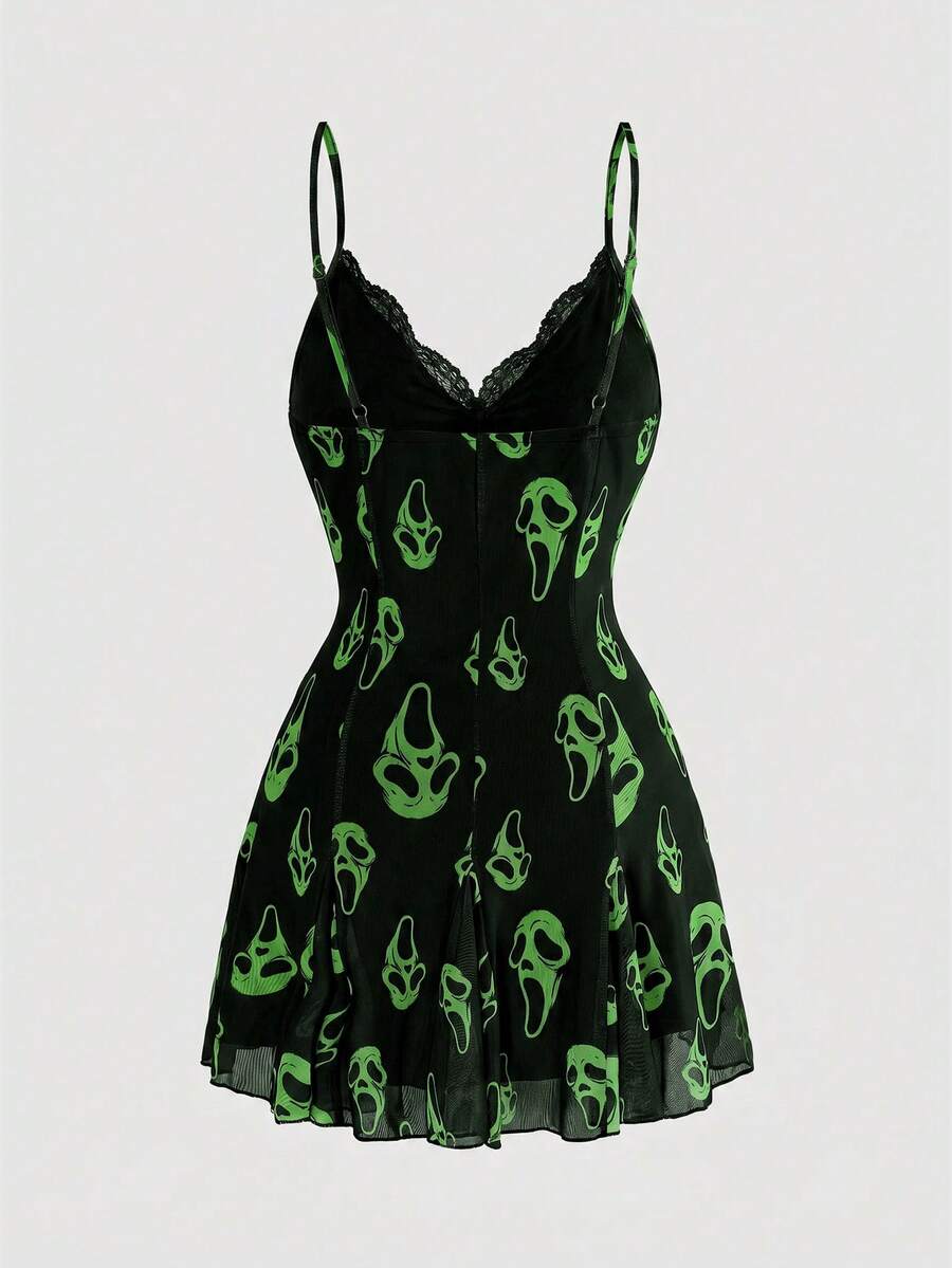 Women's Halloween boho gothic cami mini dress with spaghetti straps, contrast lace, pleated details, split design, high waist, and flared hem.