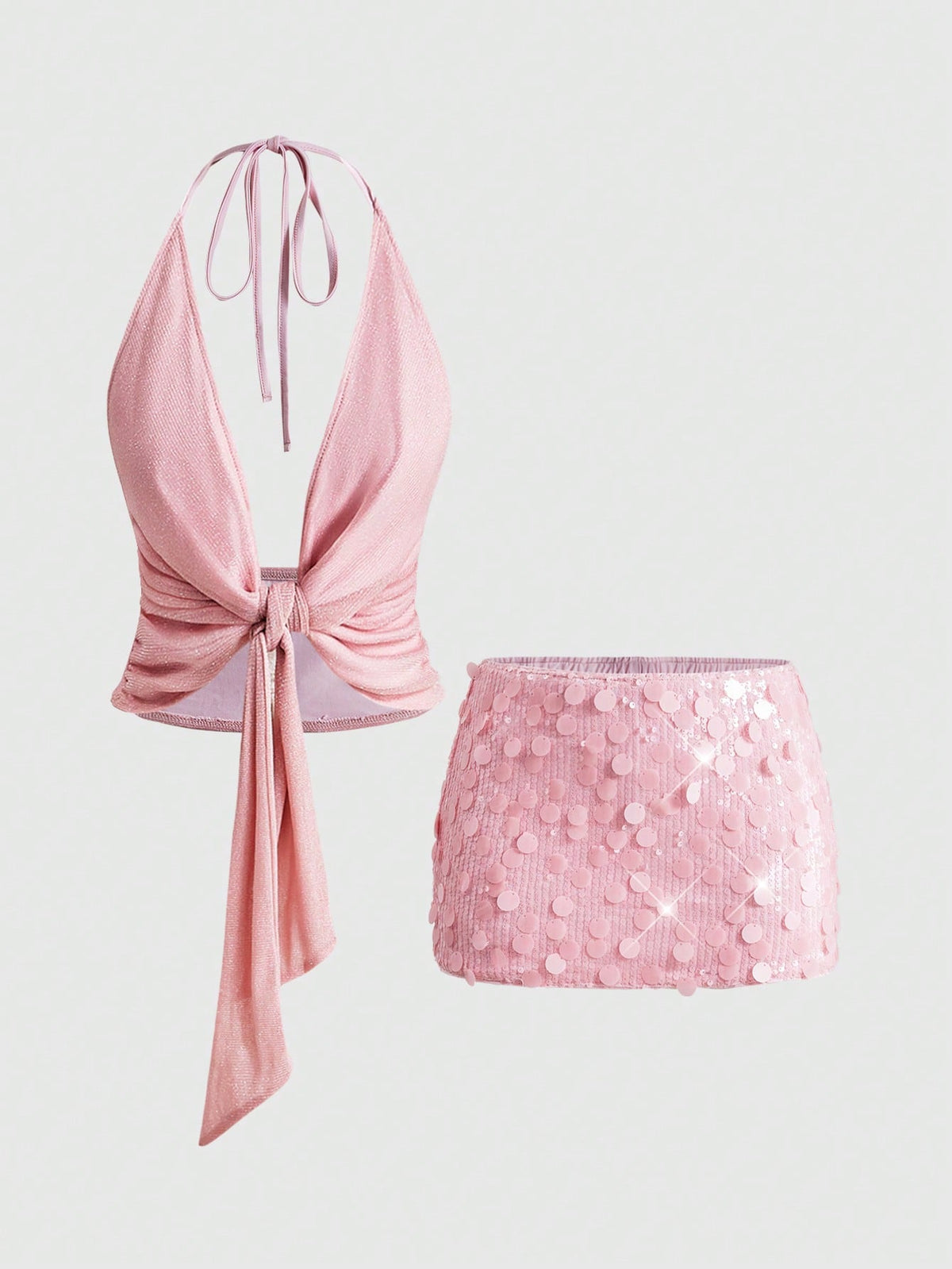 Women's halter crop camisole and ultra low waist mini sequin skirt set with backless knot tie-back detail