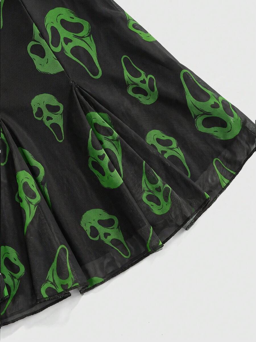 Women's Halloween boho gothic cami mini dress with spaghetti straps, contrast lace, pleated details, split design, high waist, and flared hem.