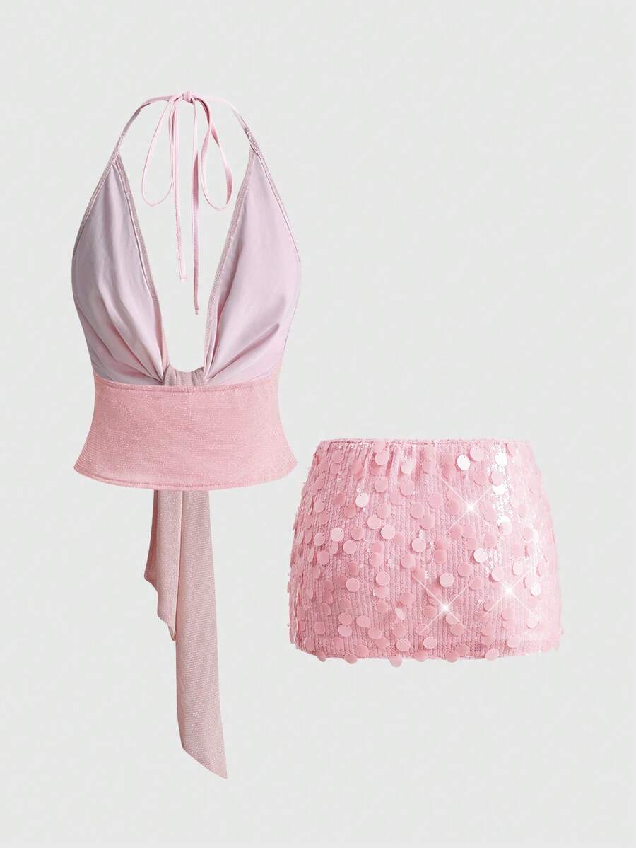 Women's halter crop camisole and ultra low waist mini sequin skirt set with backless knot tie-back detail