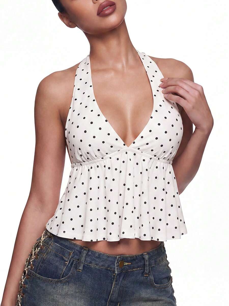 Women's polka dot print halter camisole with backless knot detail, ruched front, slim fit, and flared ruffle hem