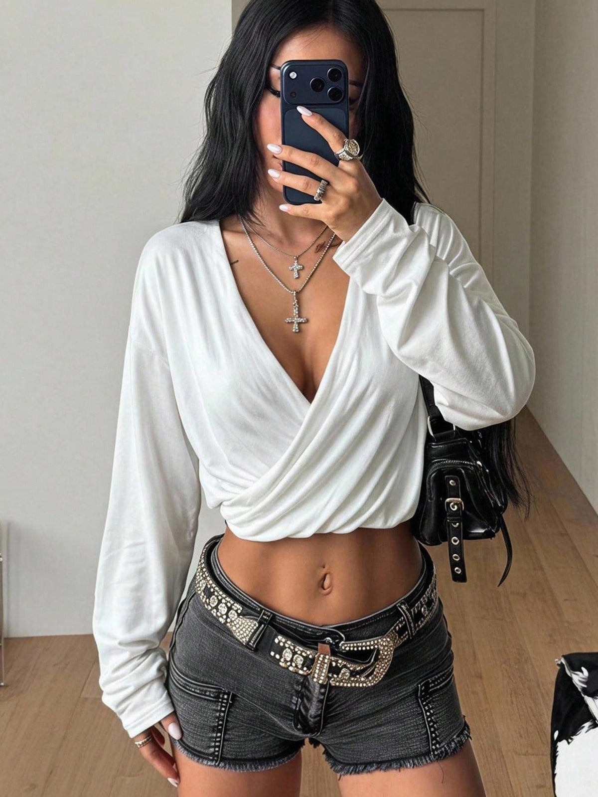 Women's white deep V-neck wrap crop top with long sleeves in knitted fabric