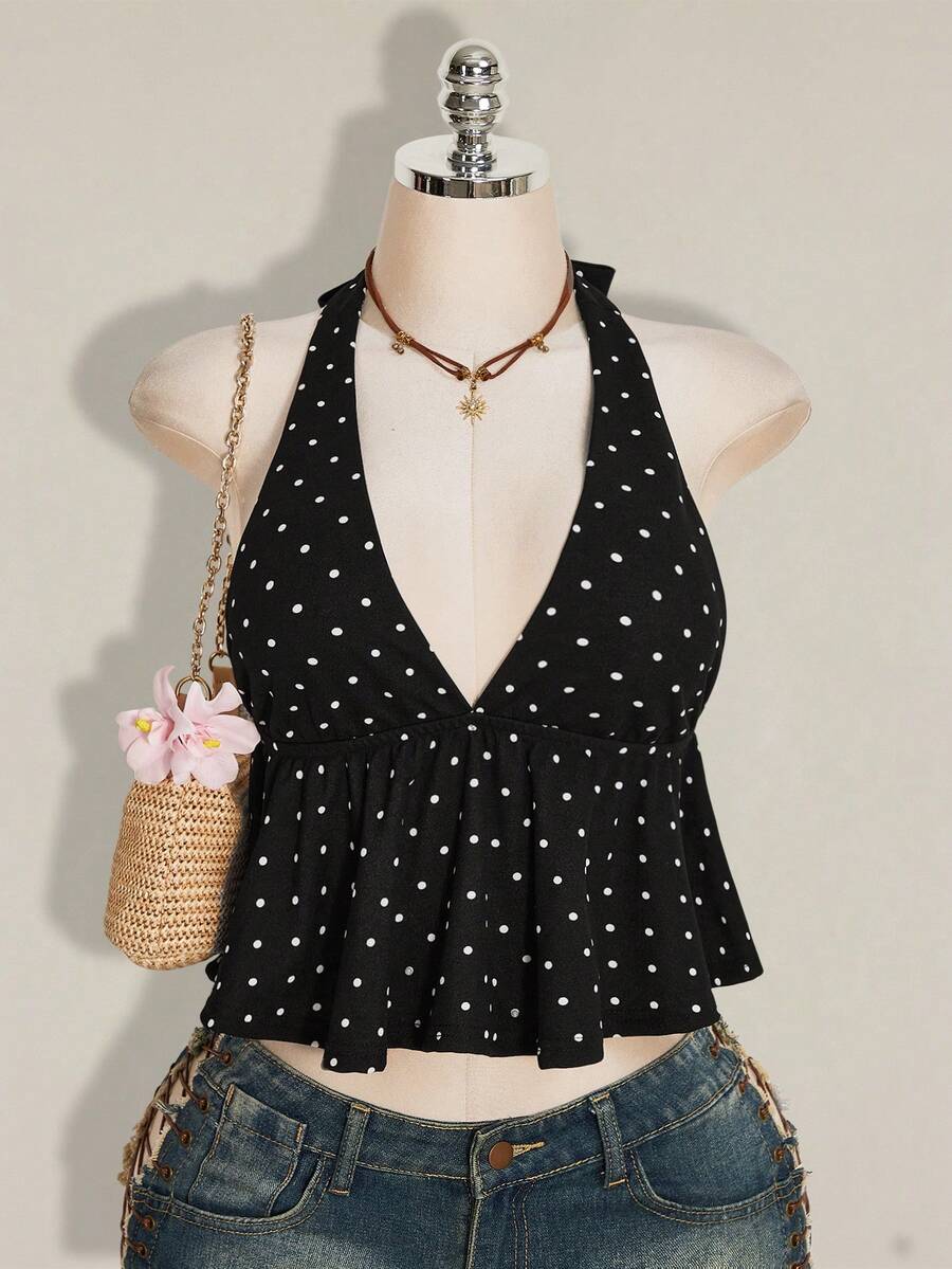 Women's polka dot print halter camisole with backless knot detail, ruched front, slim fit, and flared ruffle hem