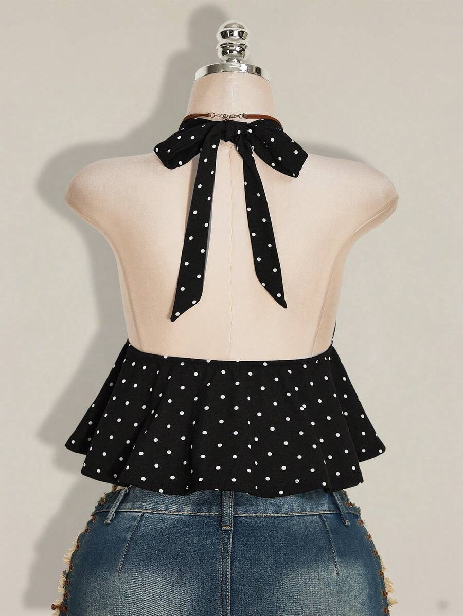 Women's polka dot print halter camisole with backless knot detail, ruched front, slim fit, and flared ruffle hem
