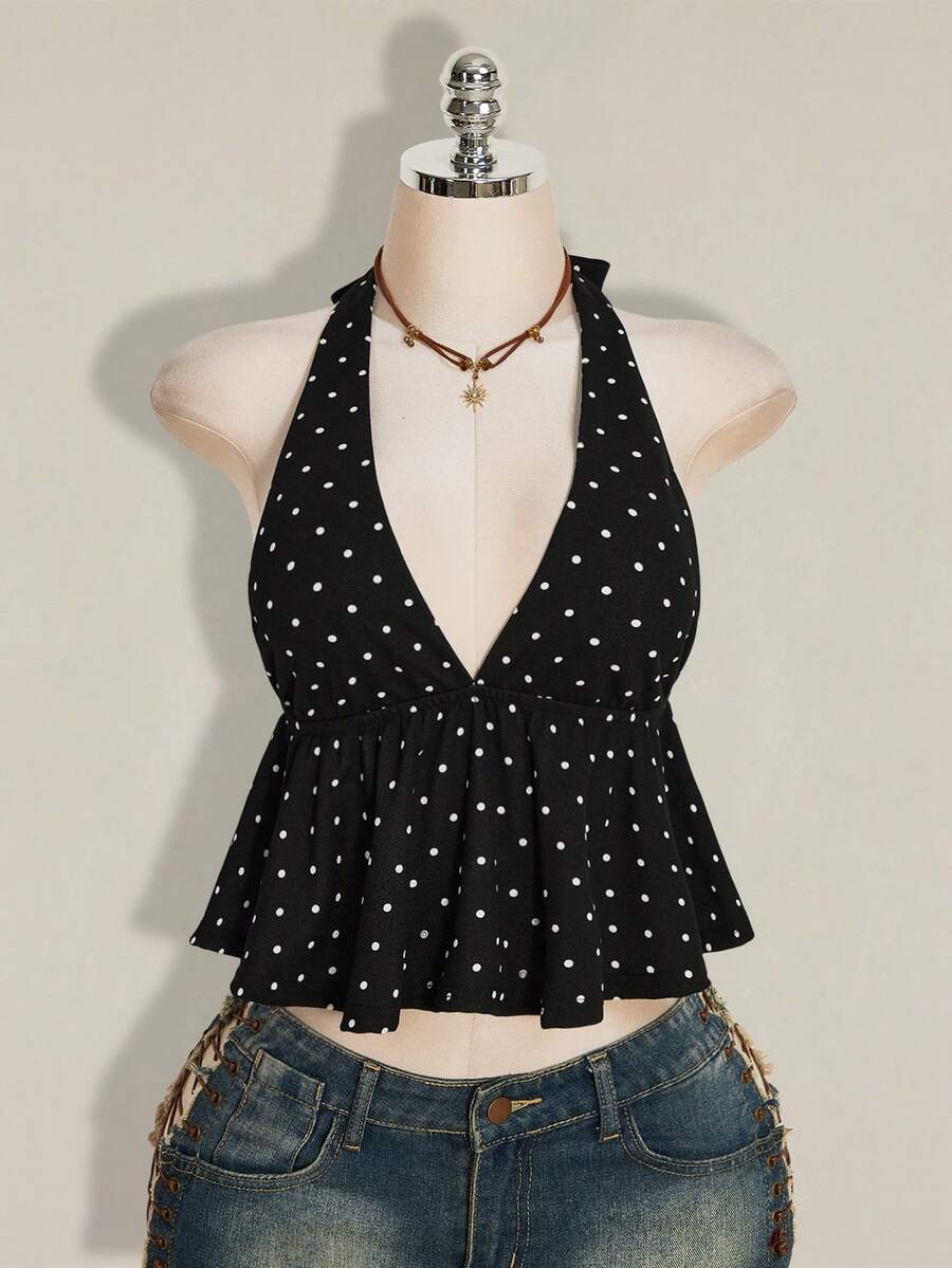 Women's polka dot print halter camisole with backless knot detail, ruched front, slim fit, and flared ruffle hem