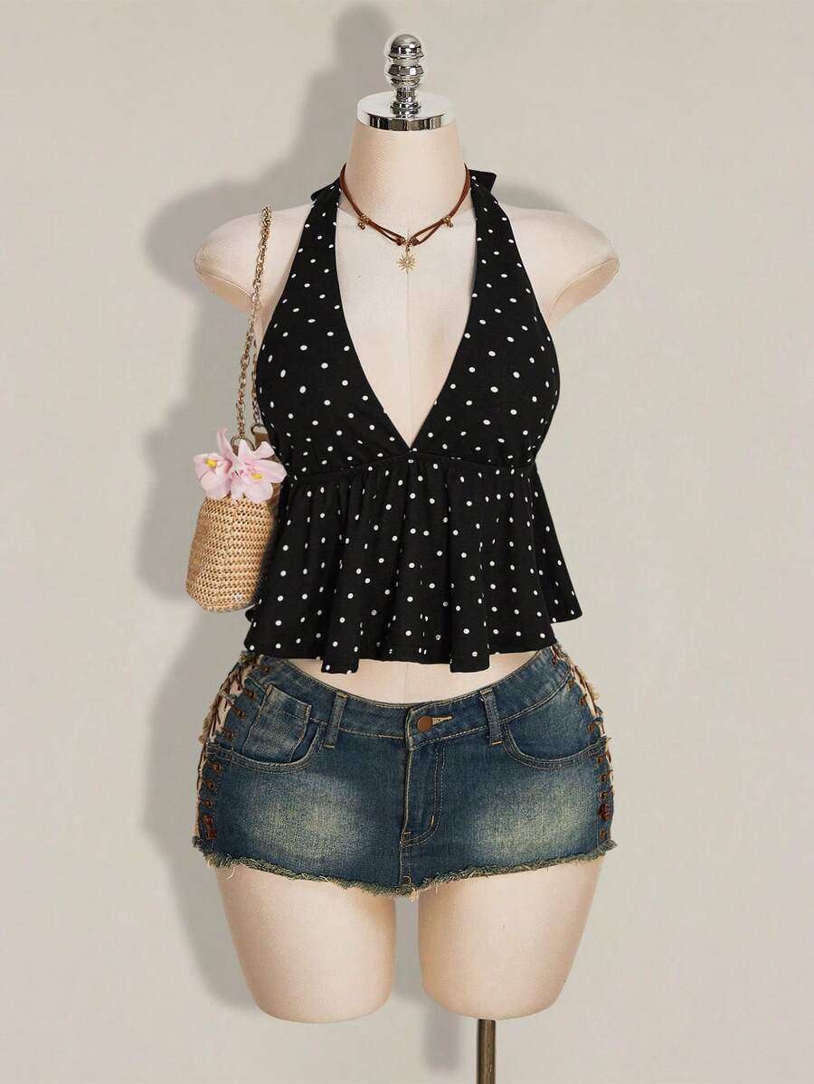 Women's polka dot print halter camisole with backless knot detail, ruched front, slim fit, and flared ruffle hem