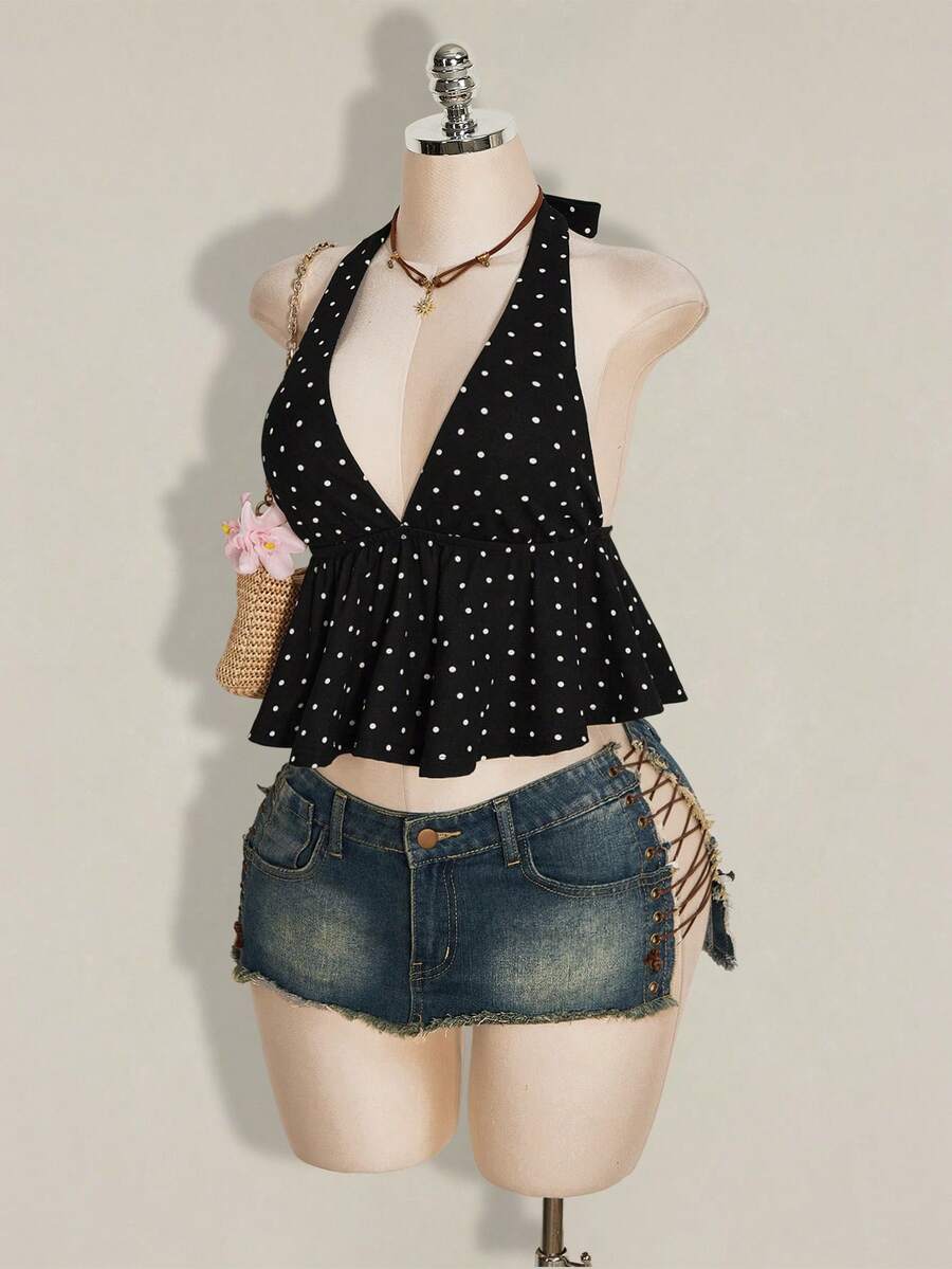 Women's polka dot print halter camisole with backless knot detail, ruched front, slim fit, and flared ruffle hem