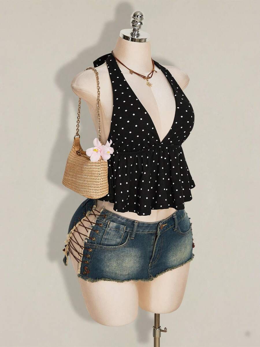 Women's polka dot print halter camisole with backless knot detail, ruched front, slim fit, and flared ruffle hem