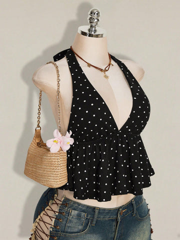 Women's polka dot print halter camisole with backless knot detail, ruched front, slim fit, and flared ruffle hem