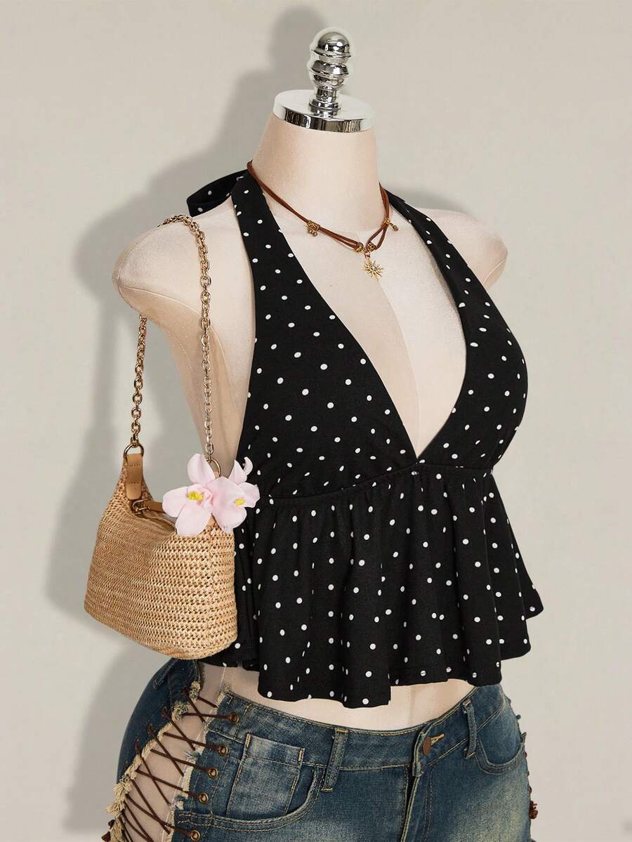 Women's polka dot print halter camisole with backless knot detail, ruched front, slim fit, and flared ruffle hem