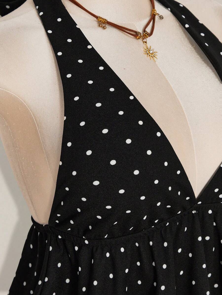 Women's polka dot print halter camisole with backless knot detail, ruched front, slim fit, and flared ruffle hem