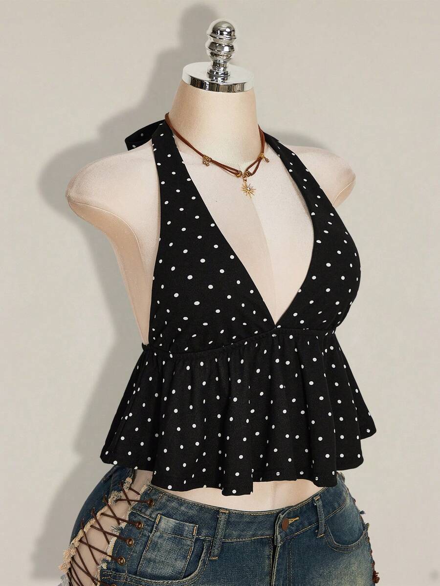 Women's polka dot print halter camisole with backless knot detail, ruched front, slim fit, and flared ruffle hem