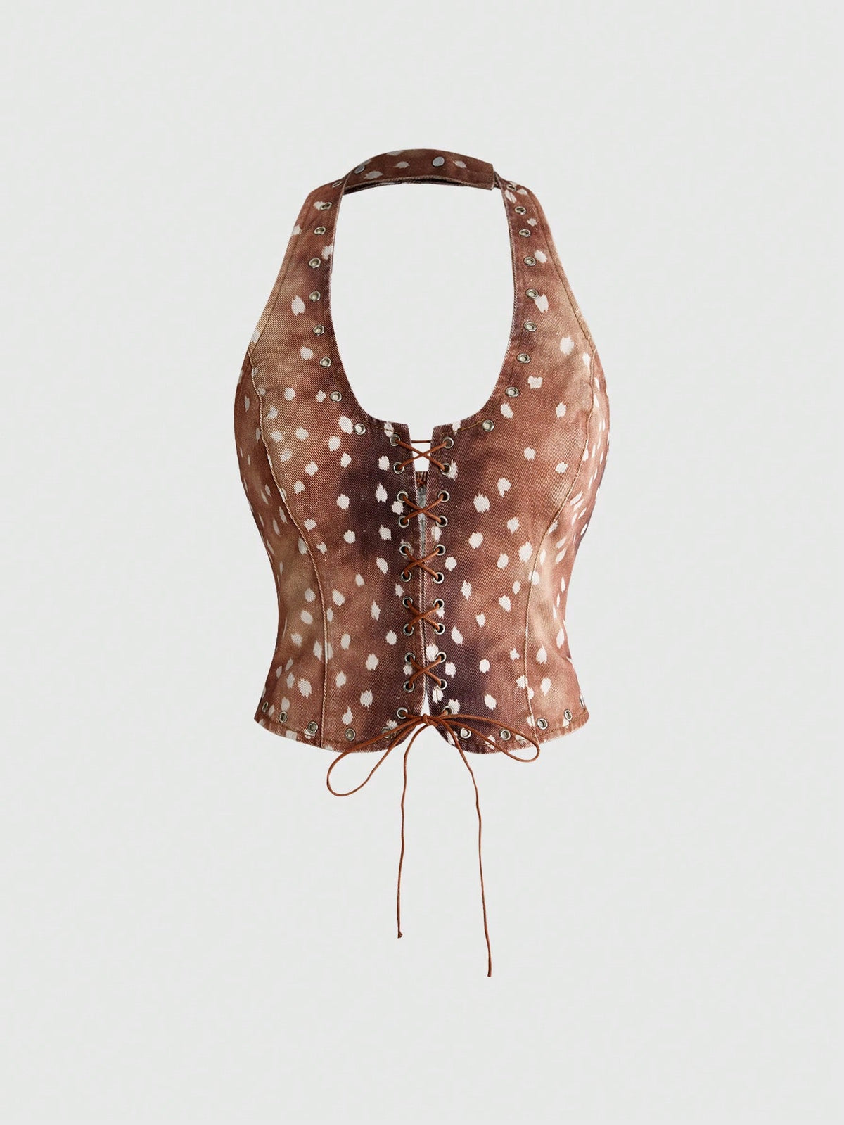 Women's brown sleeveless denim crop top featuring front tie knot and lace-up backless design